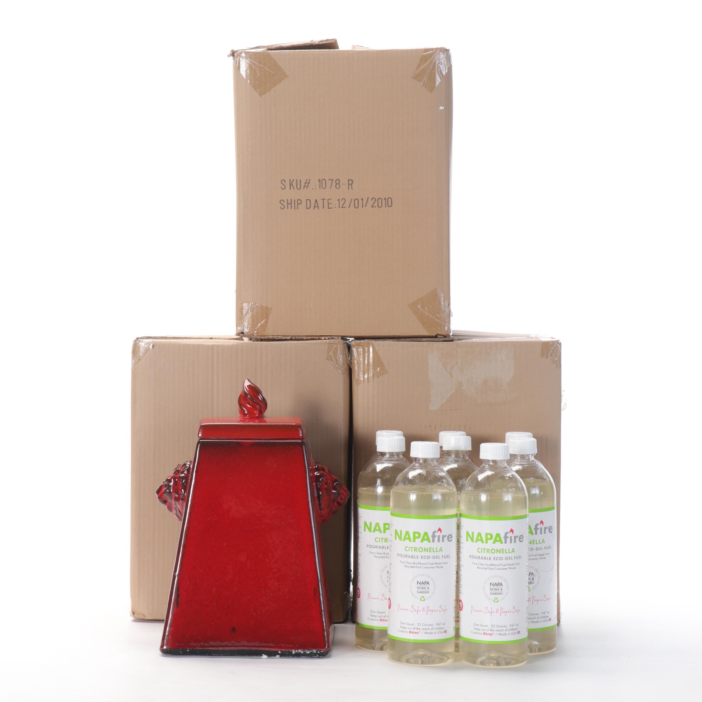 Four Napa Home & Garden Red Glazed Terracotta Fire Pots with Citronella Oil