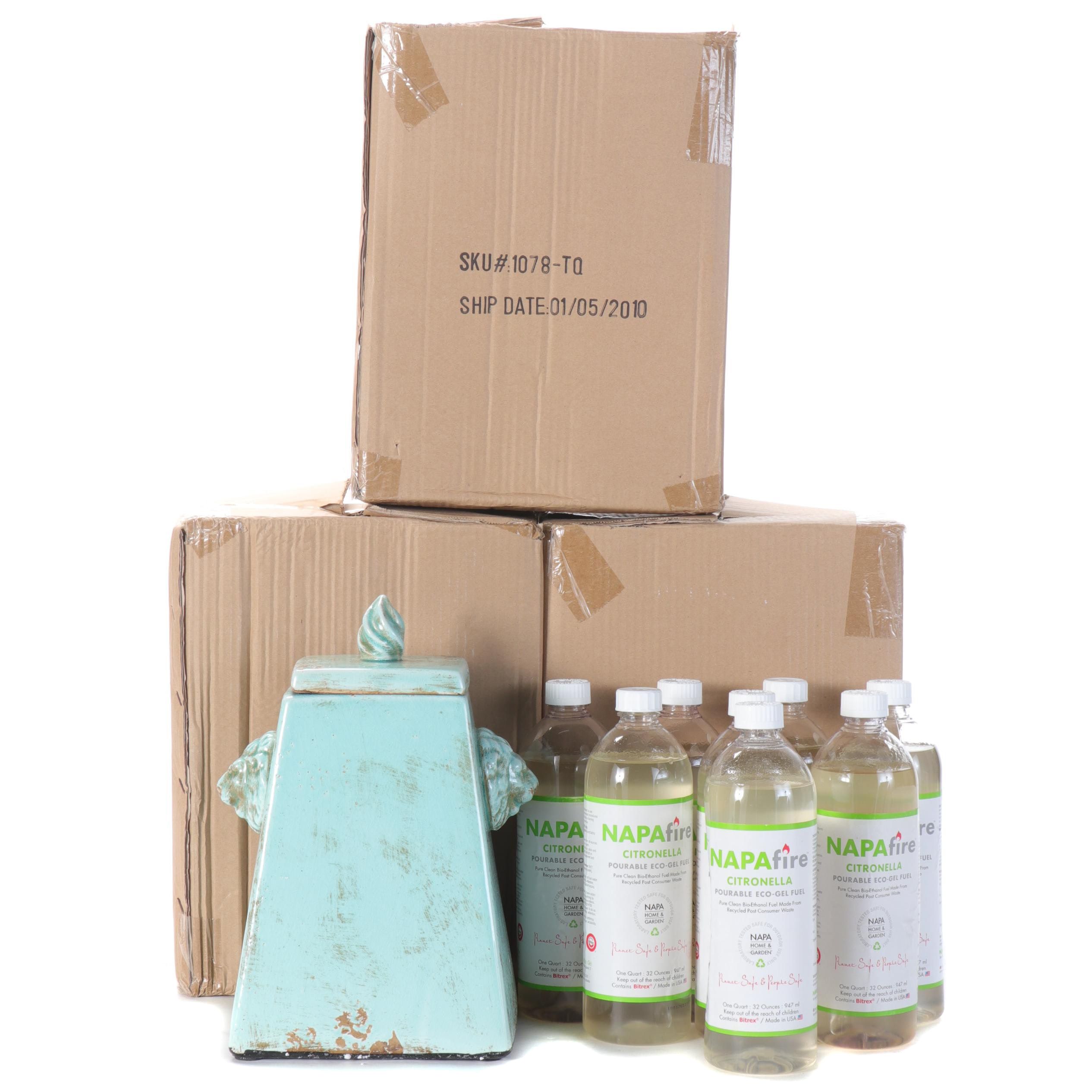 Four Napa Home & Garden Turquoise Glazed Ceramic Fire Pots with Citronella Oil