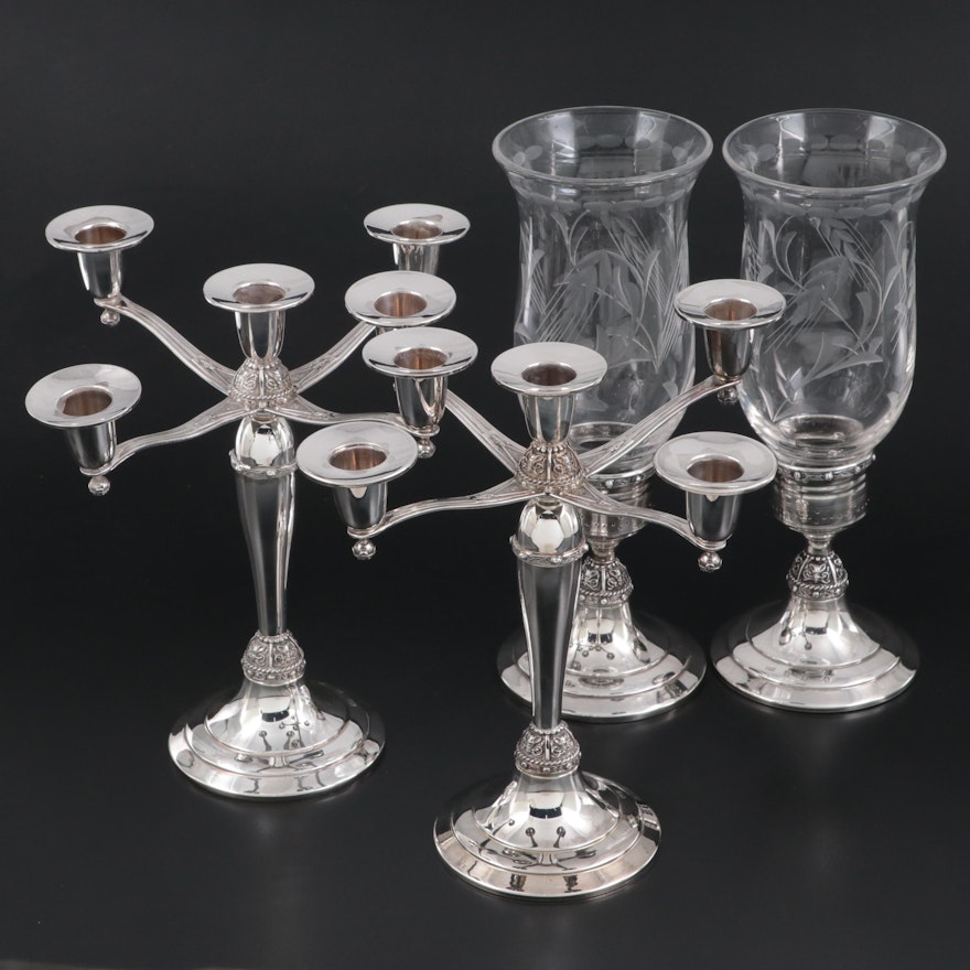 Irish Silver Ltd. Sterling Silver Candelabras and Candlesticks with Hurricanes