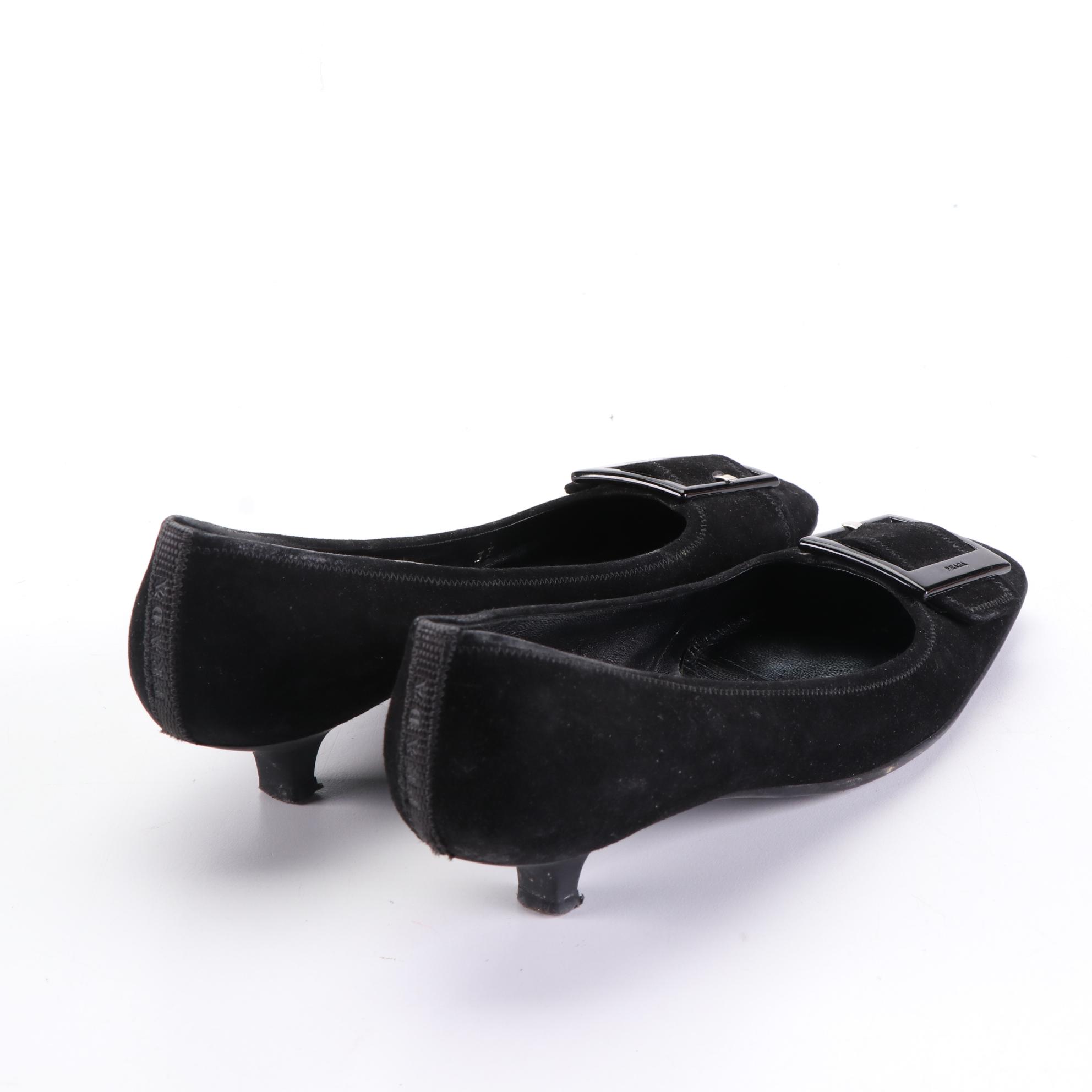 Prada Sport Low-Heel Pumps in Black Suede with Buckle Detail and Box