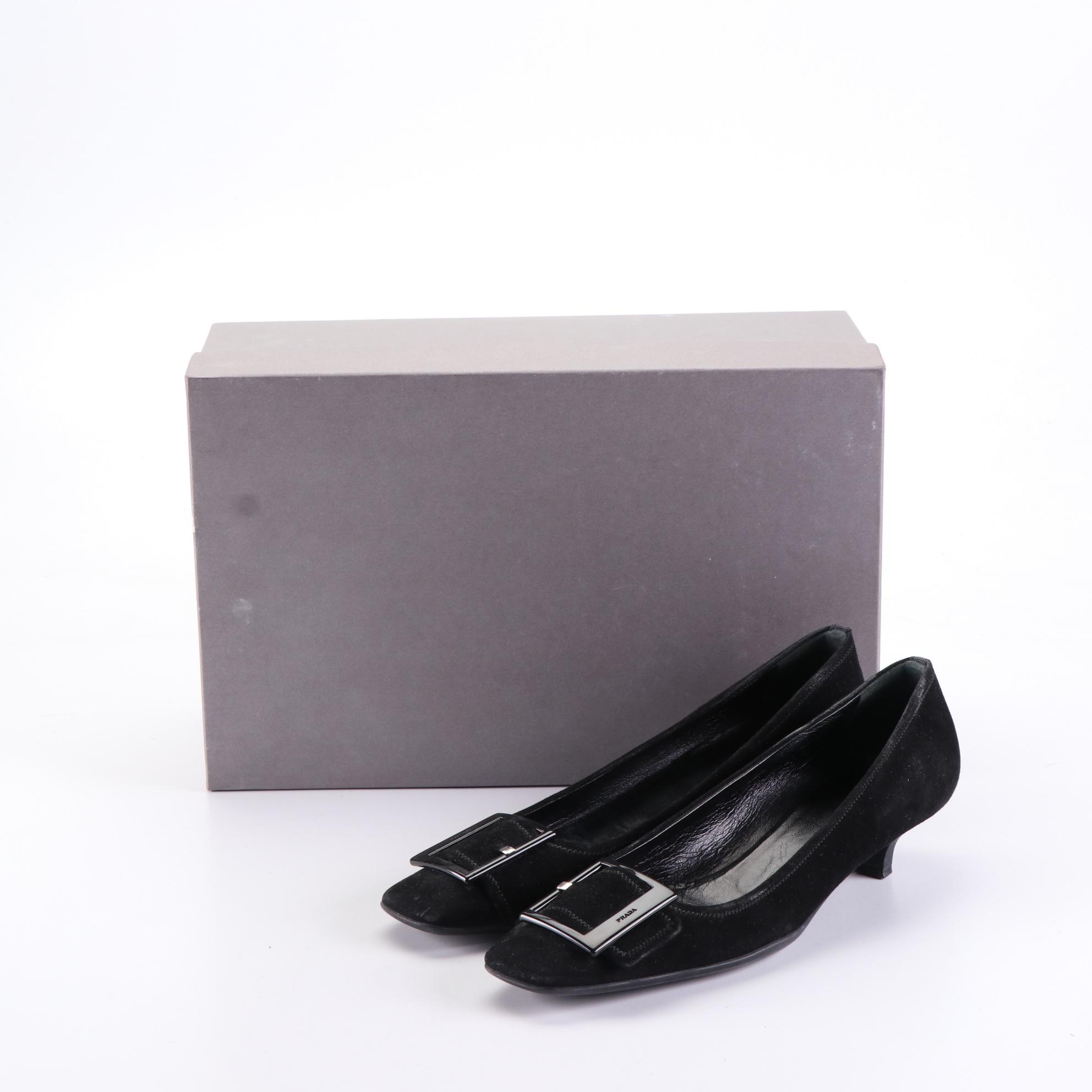 Prada Sport Low-Heel Pumps in Black Suede with Buckle Detail and Box