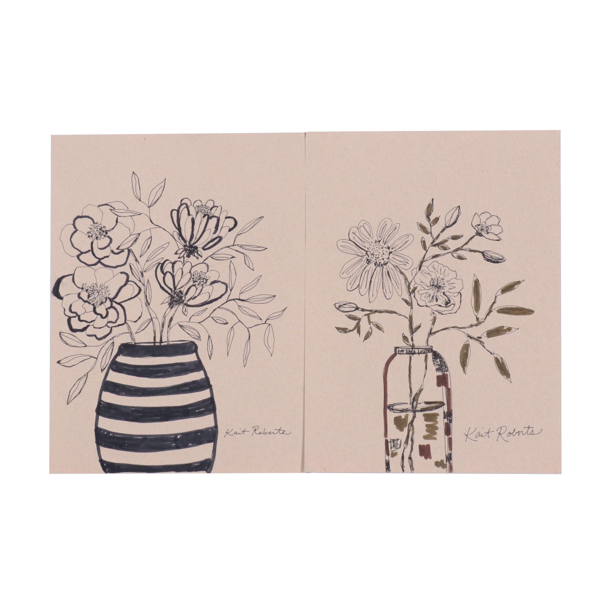 Kait Roberts Floral Mixed Media Drawings, 2020