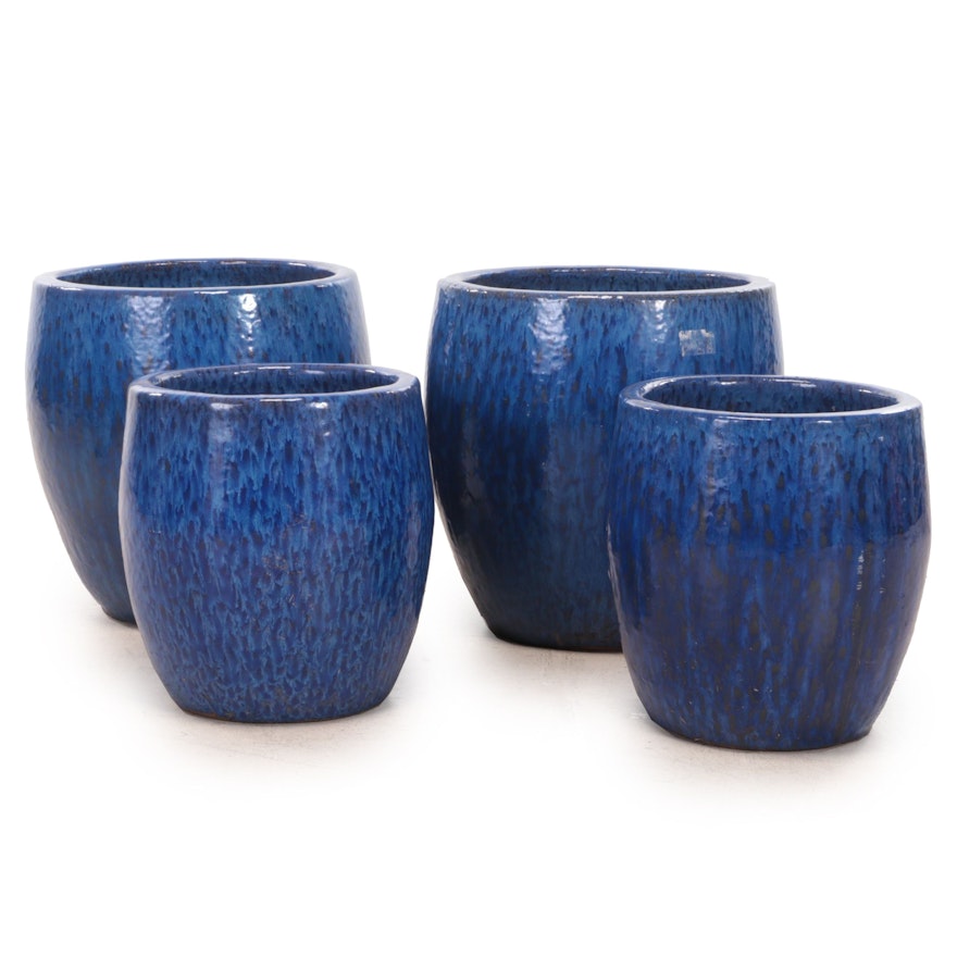 Blue Mottled Glazed Earthenware Planters