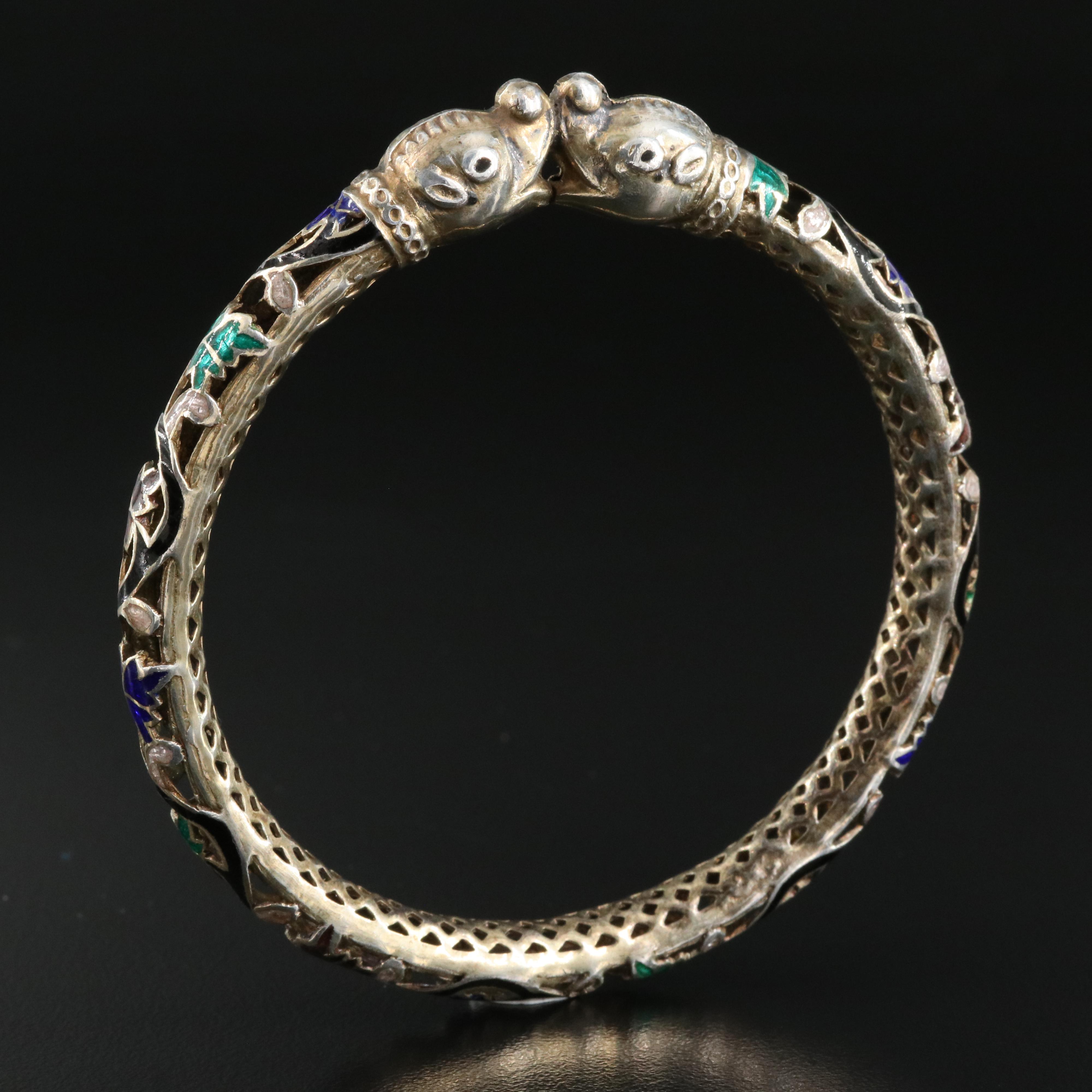 Indian Double Makara Head Sterling Pierced Metal and Enamel Bangle