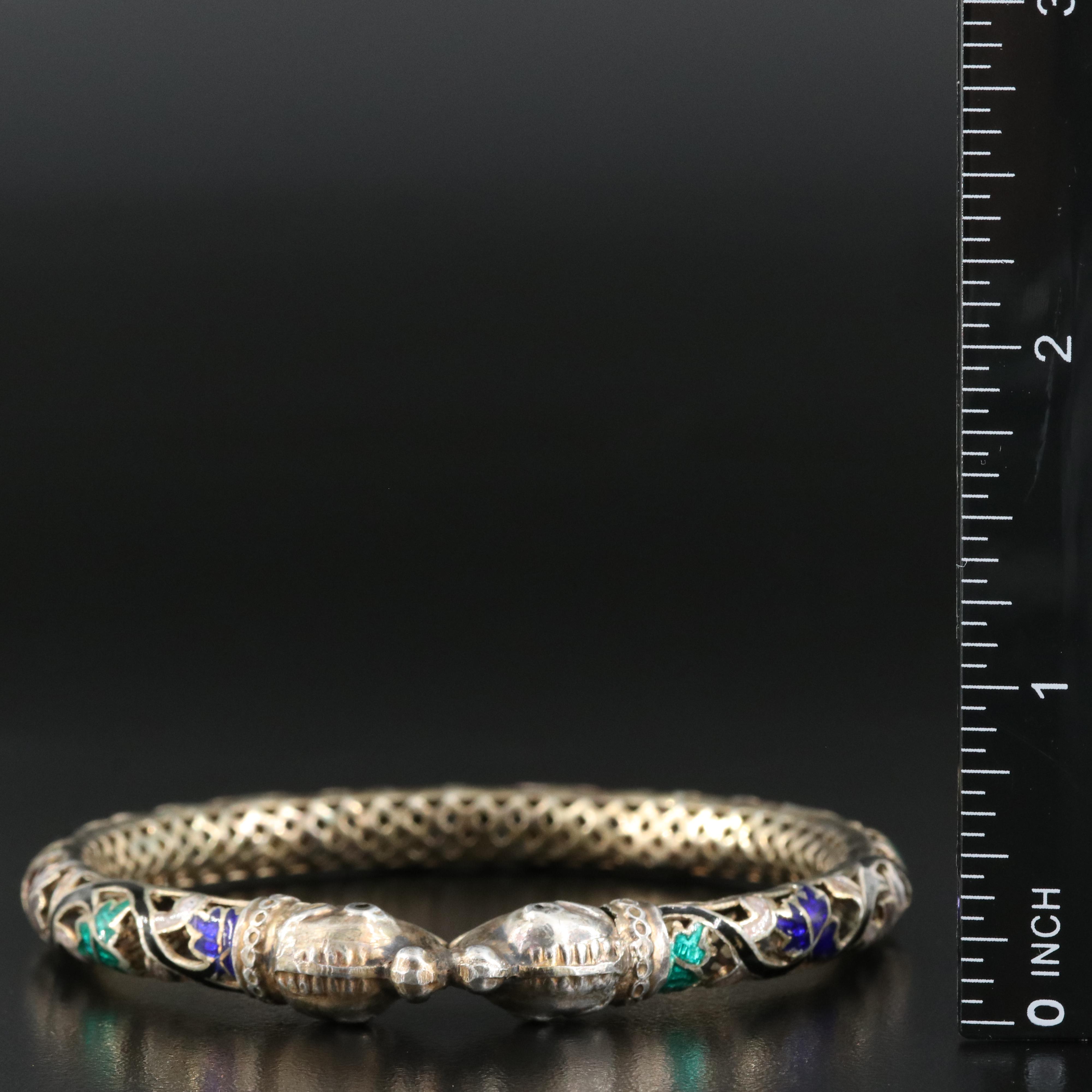 Indian Double Makara Head Sterling Pierced Metal and Enamel Bangle