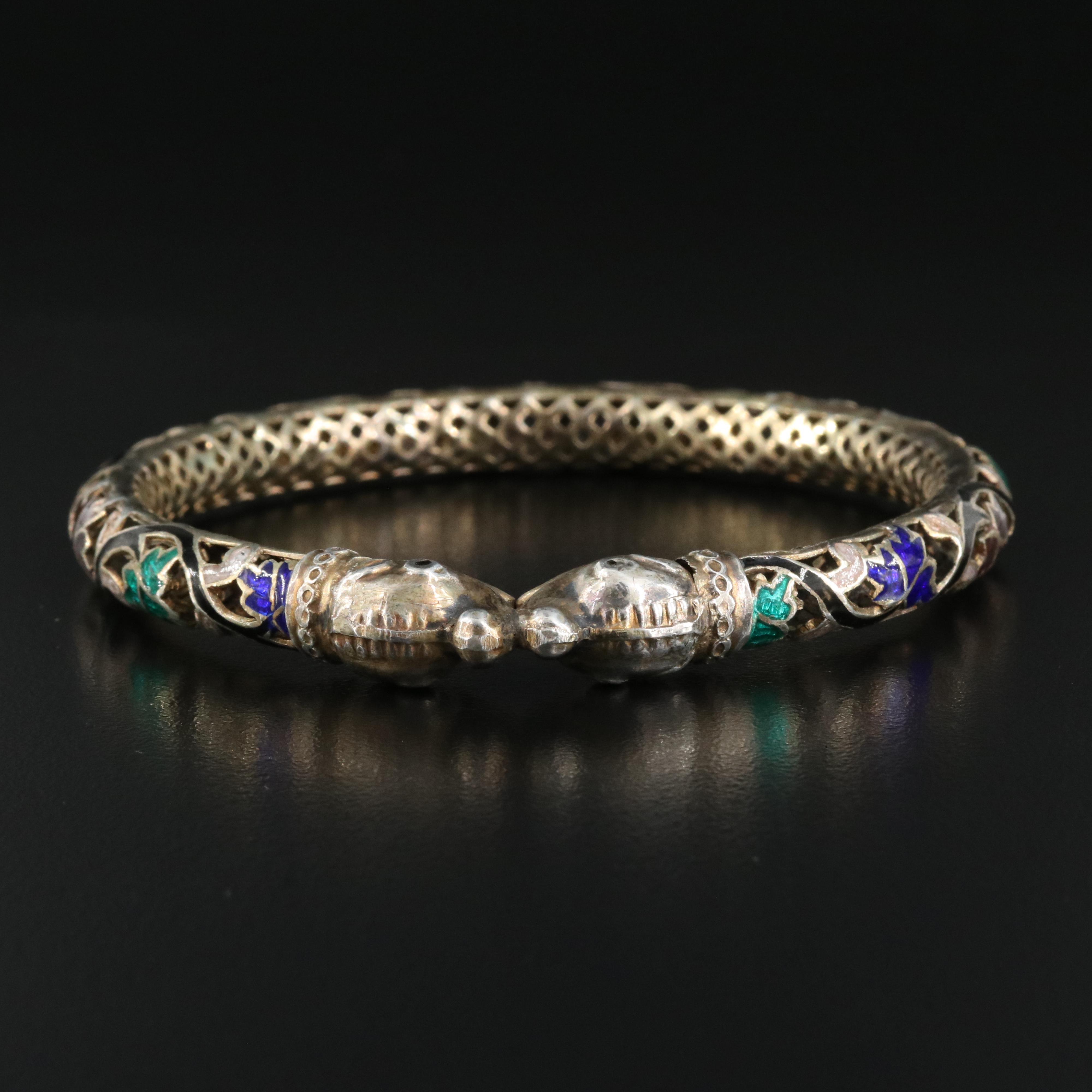 Indian Double Makara Head Sterling Pierced Metal and Enamel Bangle