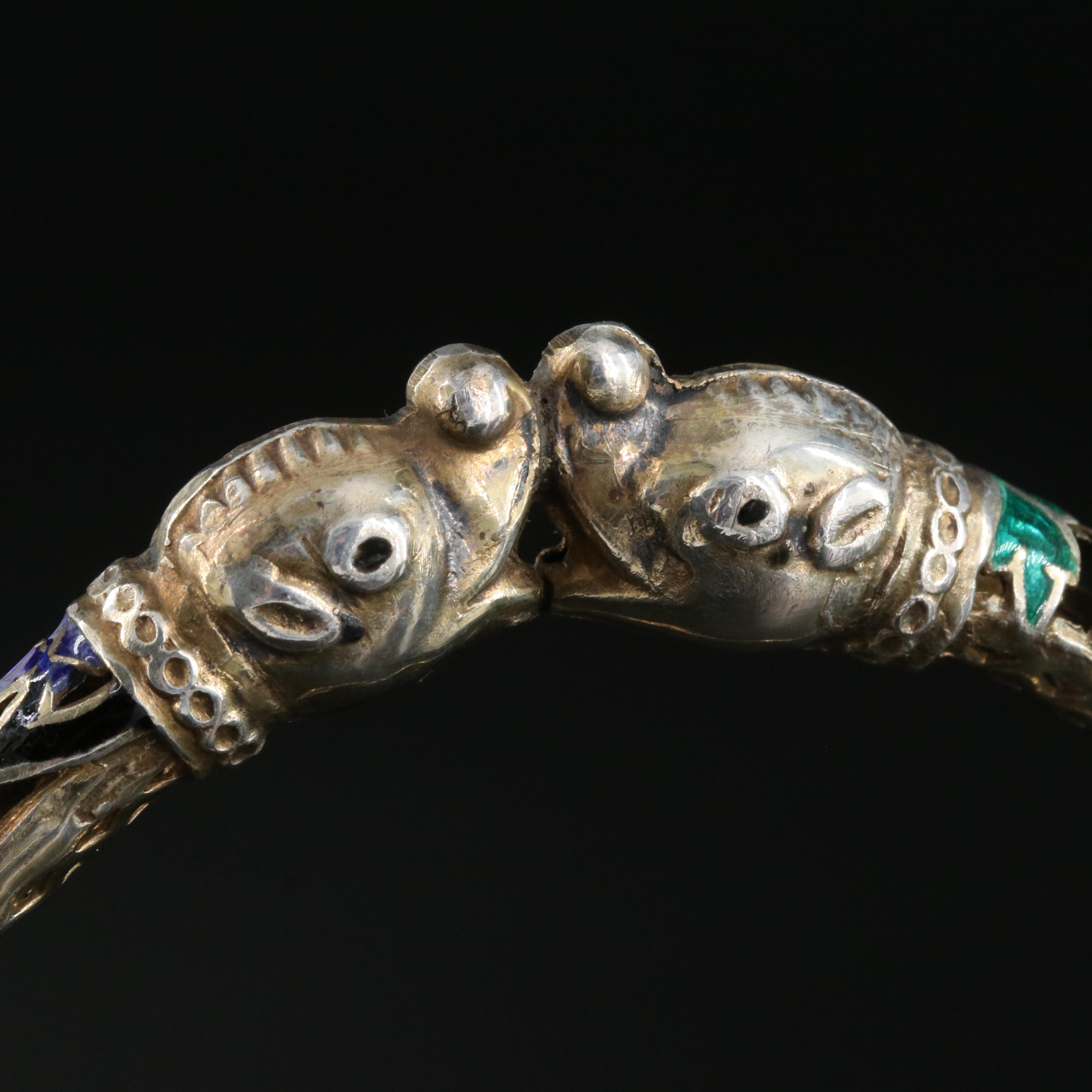 Indian Double Makara Head Sterling Pierced Metal and Enamel Bangle