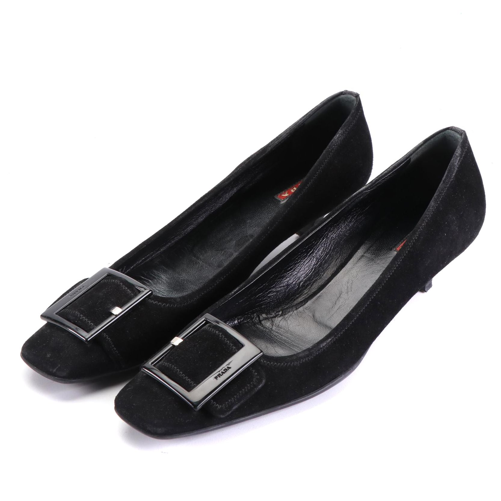 Prada Sport Low-Heel Pumps in Black Suede with Buckle Detail and Box