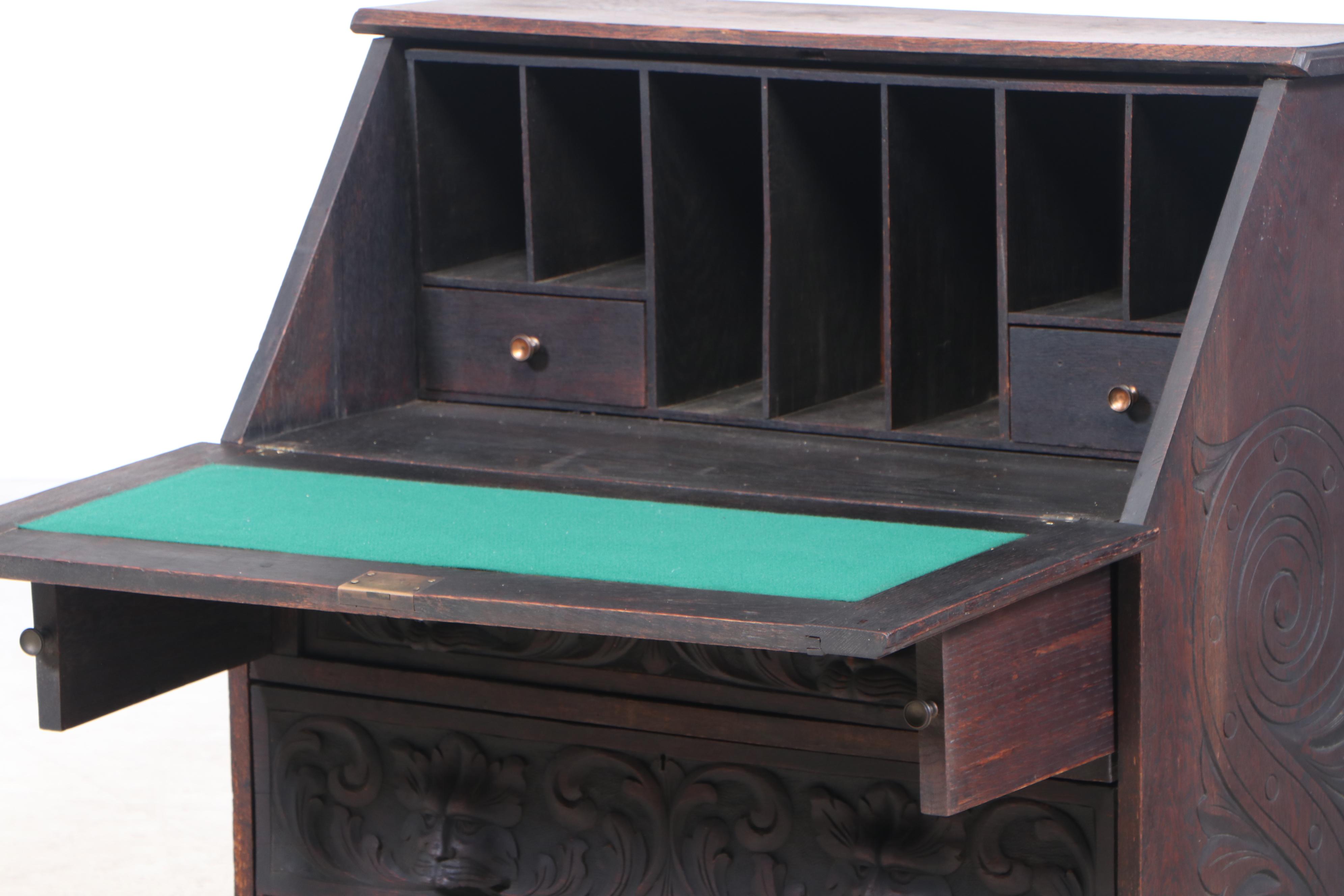 Victorian Renaissance Style Carved Oak Slant-Front Desk, Late 19th Century