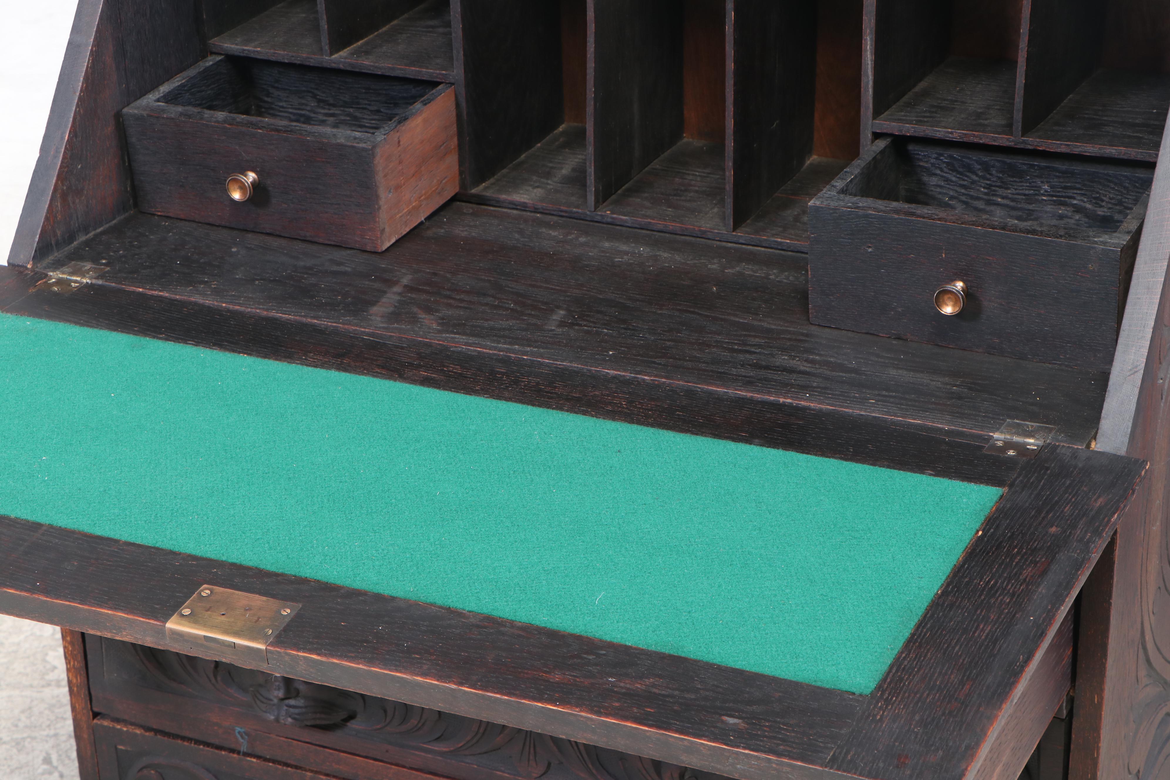 Victorian Renaissance Style Carved Oak Slant-Front Desk, Late 19th Century