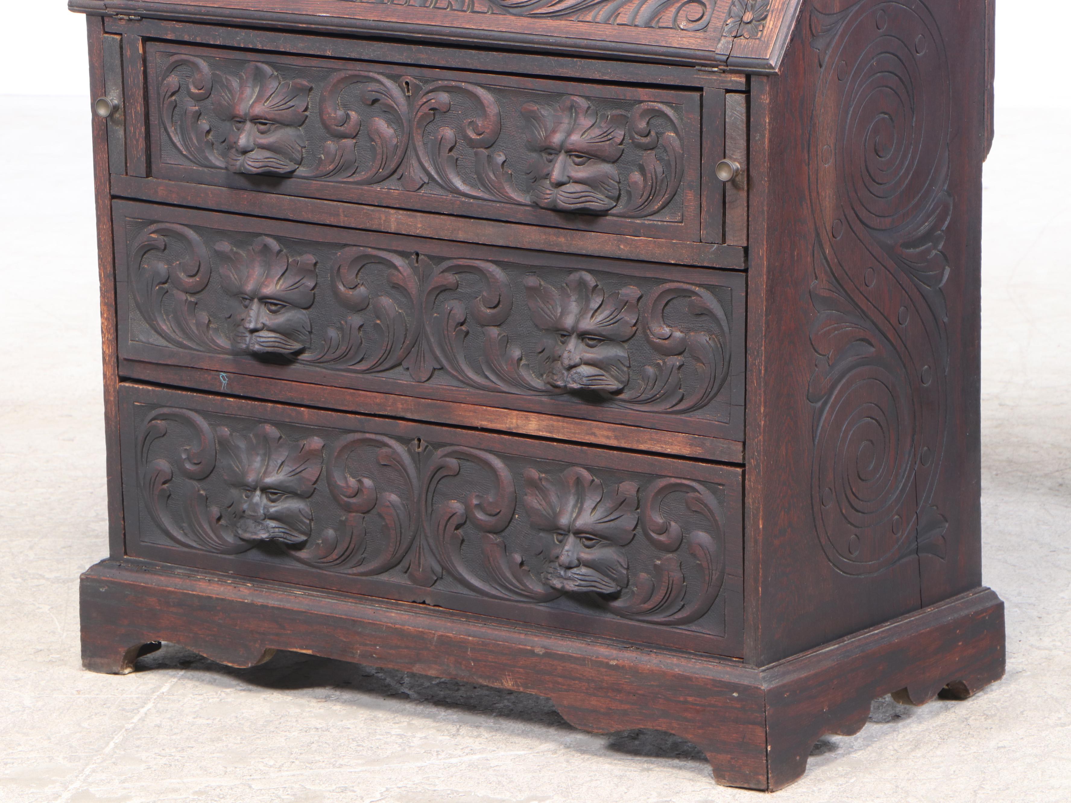 Victorian Renaissance Style Carved Oak Slant-Front Desk, Late 19th Century
