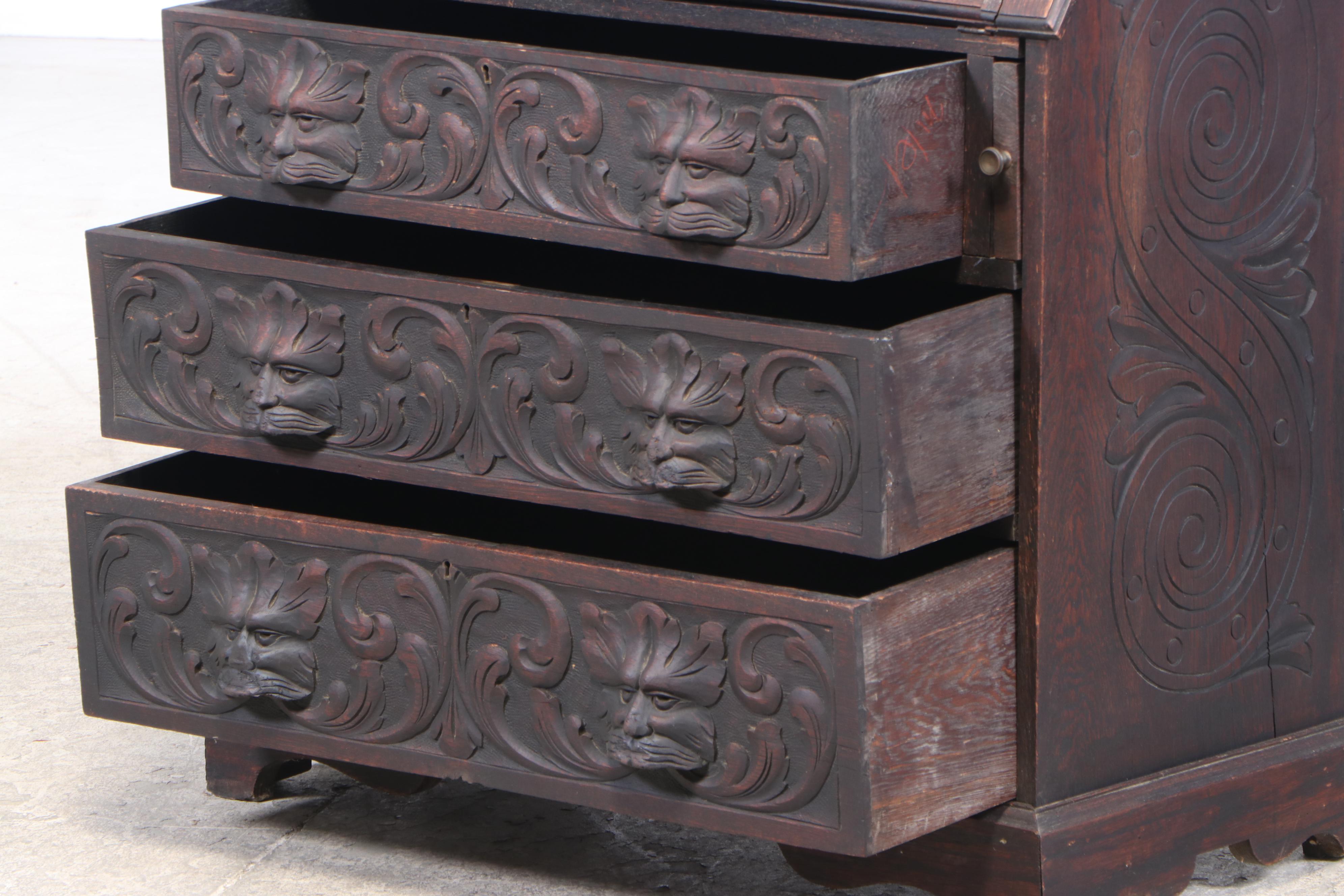 Victorian Renaissance Style Carved Oak Slant-Front Desk, Late 19th Century