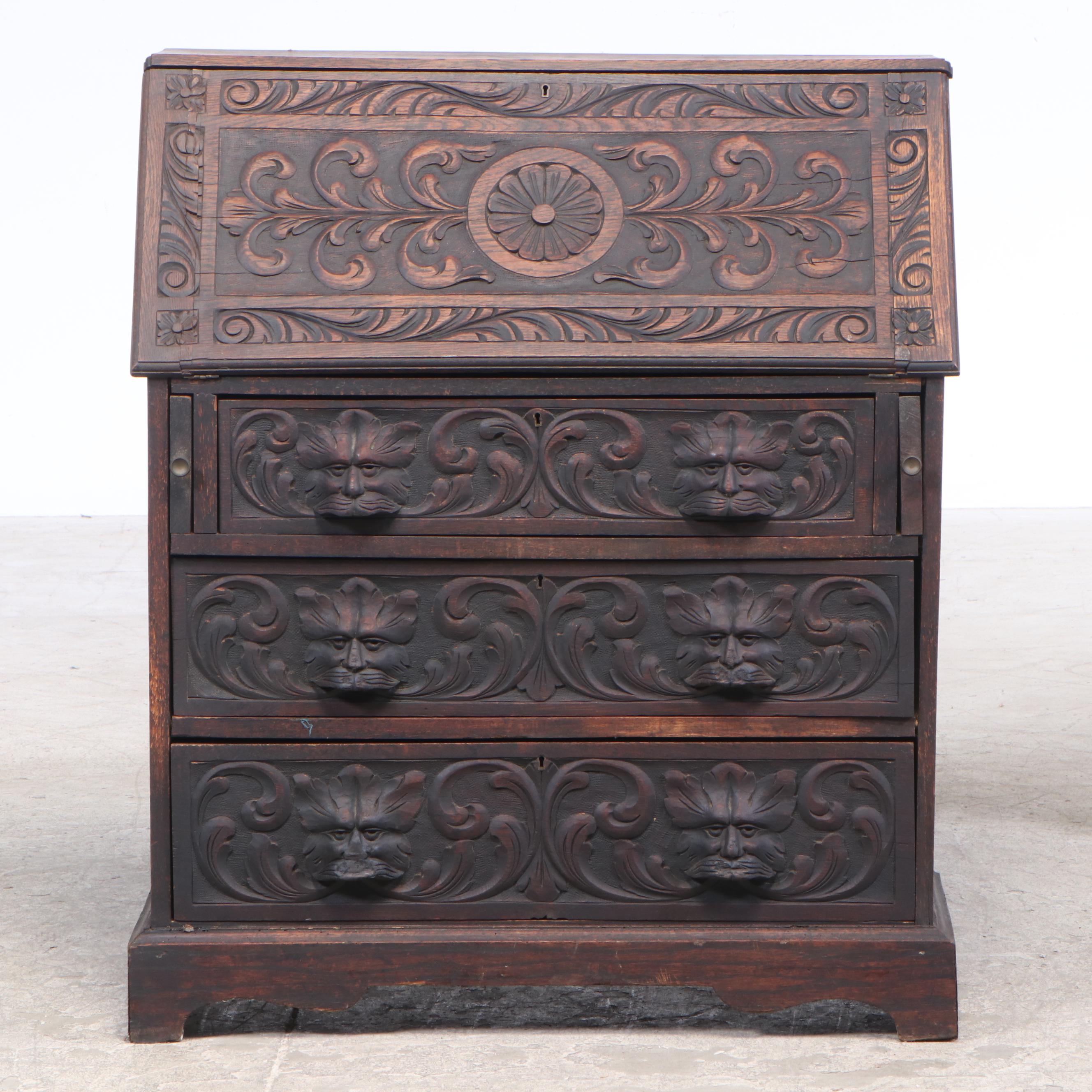 Victorian Renaissance Style Carved Oak Slant-Front Desk, Late 19th Century