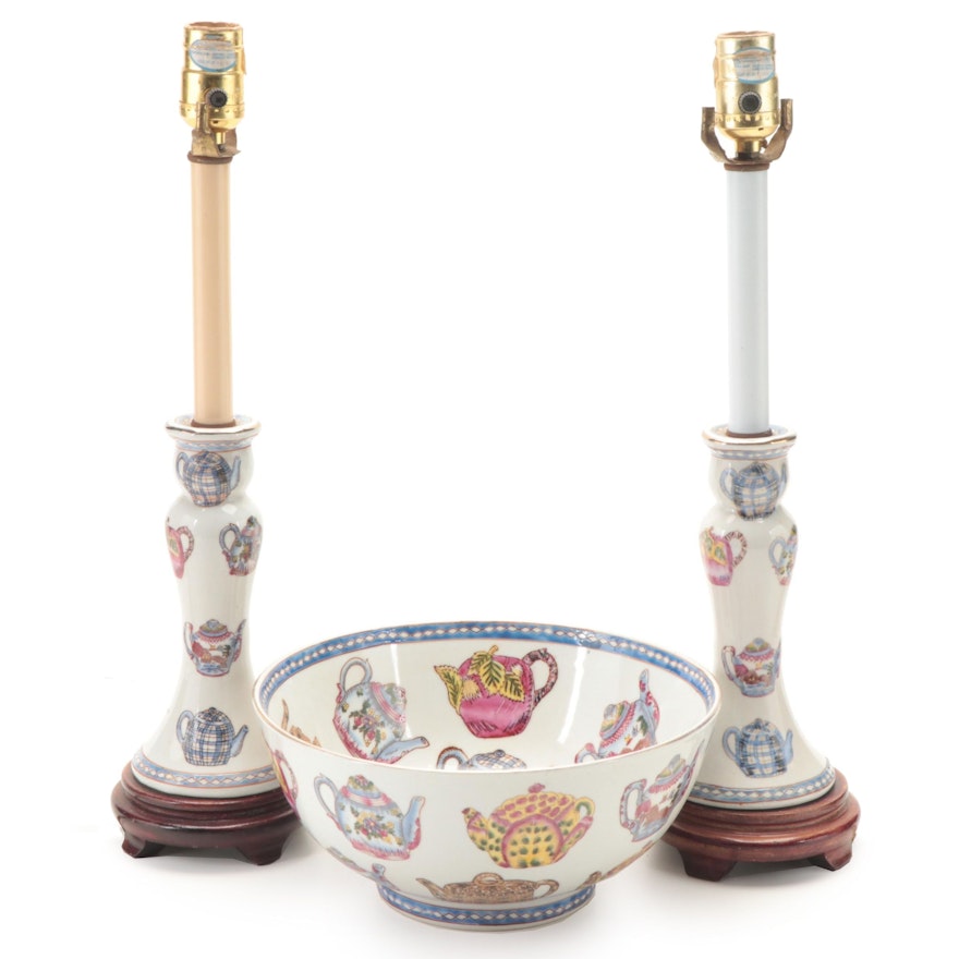 Chinese Ceramic Teapot Themed Table Lamps and Bowl