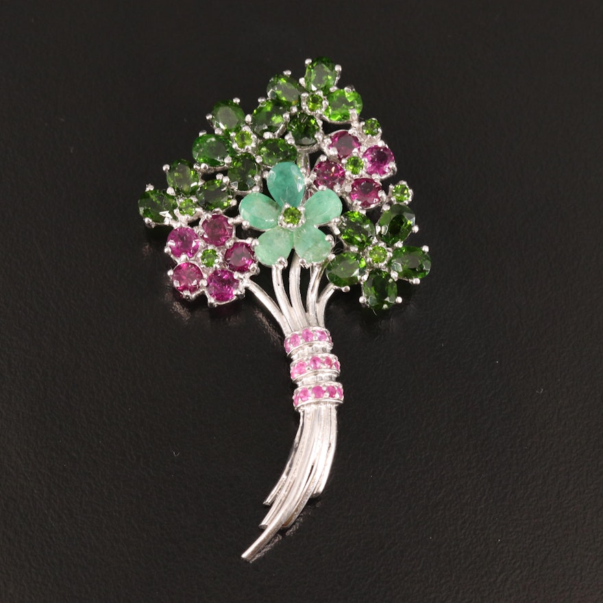 Sterling Diopside, Emerald and Rhodolite Garnet Floral Brooch