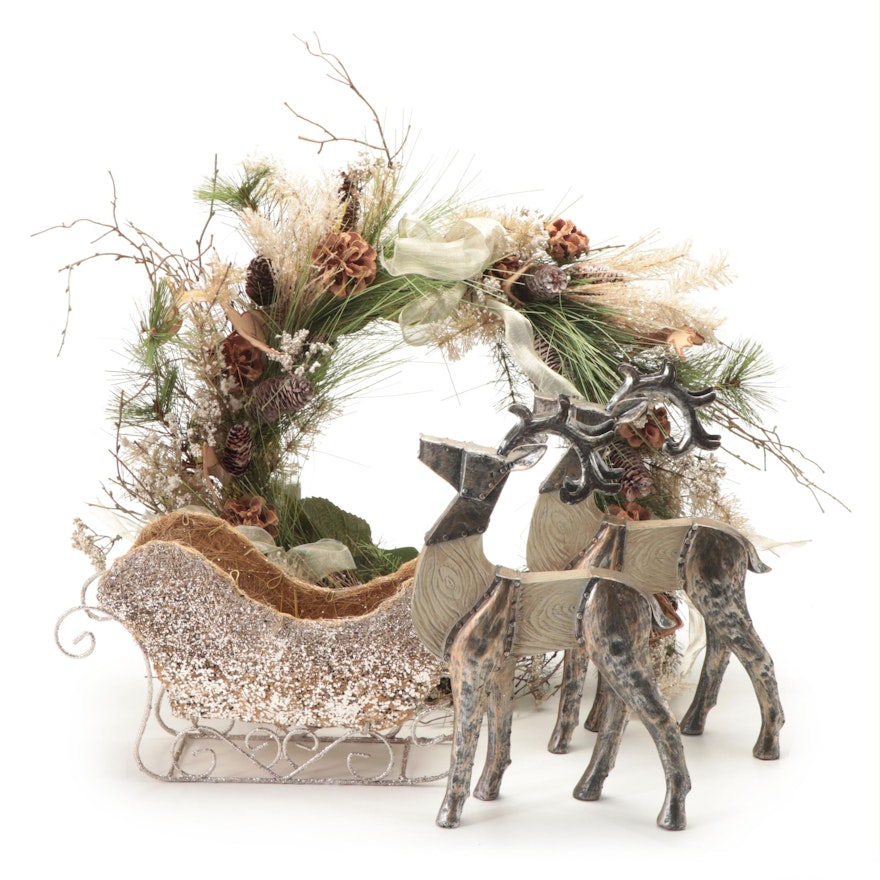 Pair of Wood, Metal Reindeer with Sleigh and Artificial Fir Christmas Wreath