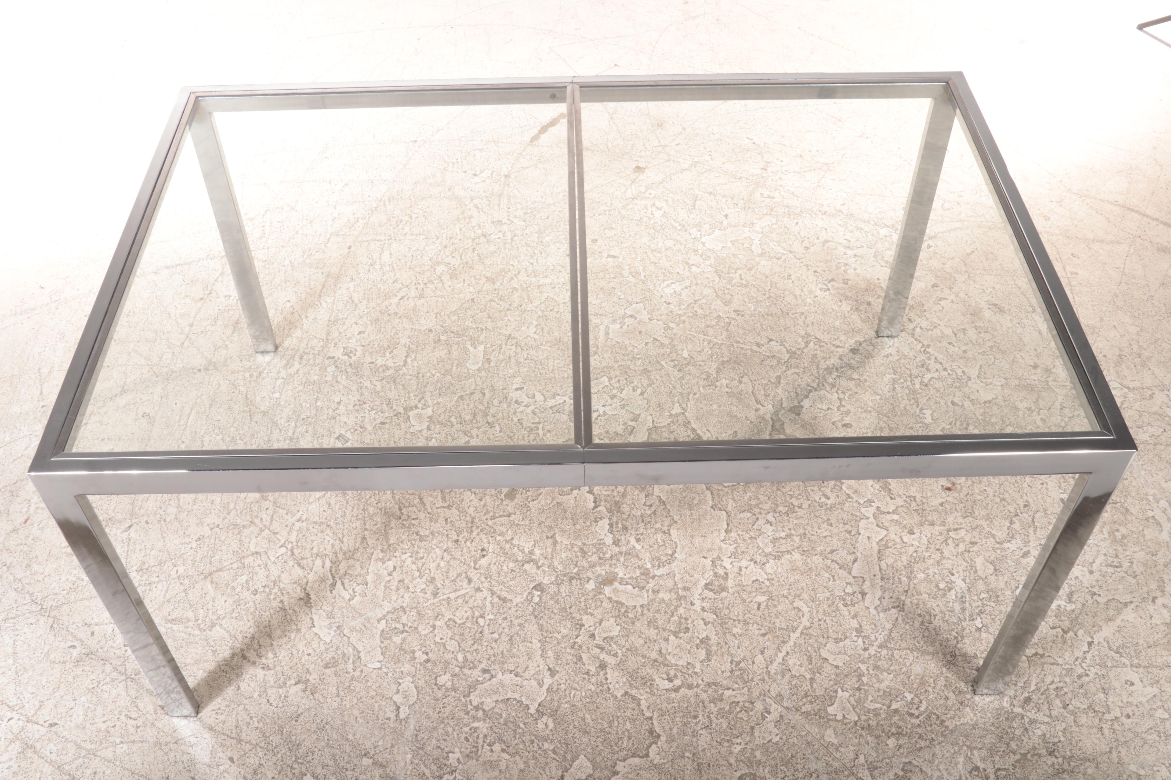 Modernist Parsons Style Chrome and Glass Extension Dining Table