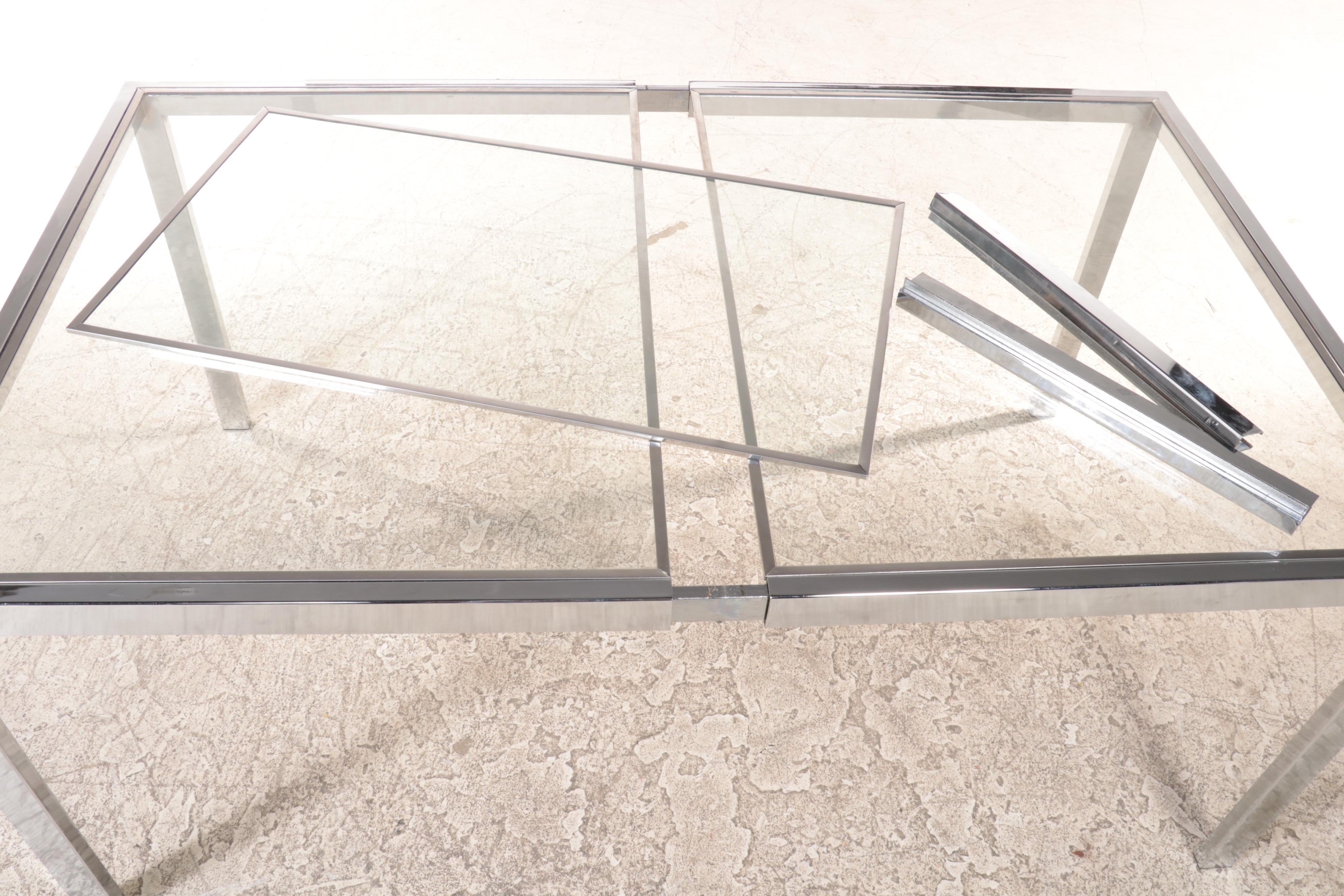 Modernist Parsons Style Chrome and Glass Extension Dining Table