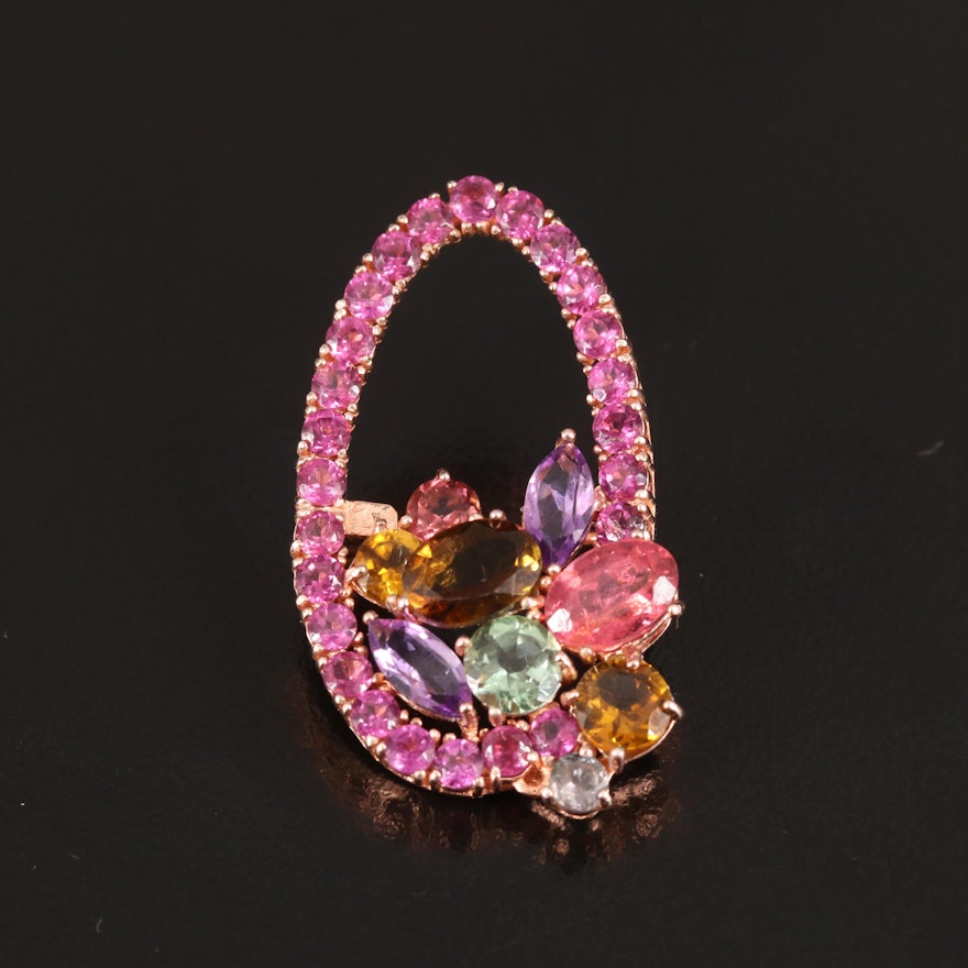 Sterling Amethyst, Tourmaline and Rhodolite Garnet Oval Brooch