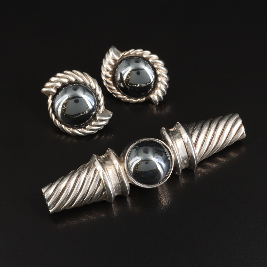 Sterling Hematite Earrings and Brooch with Fluted Design