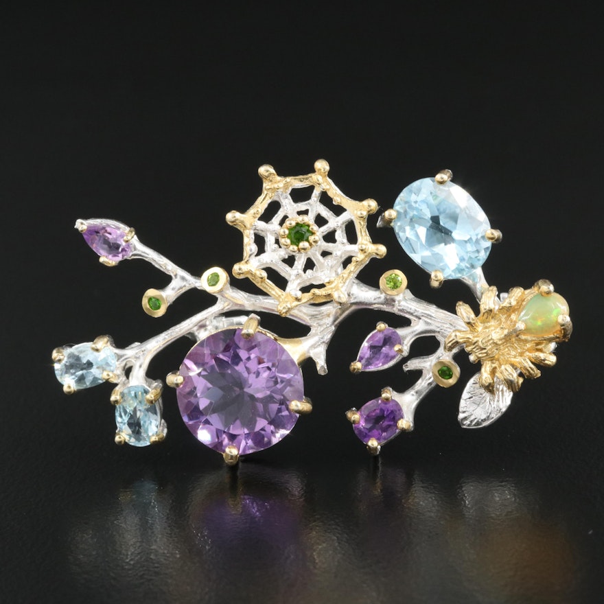 Sterling Amethyst, Topaz and Diopside Brooch