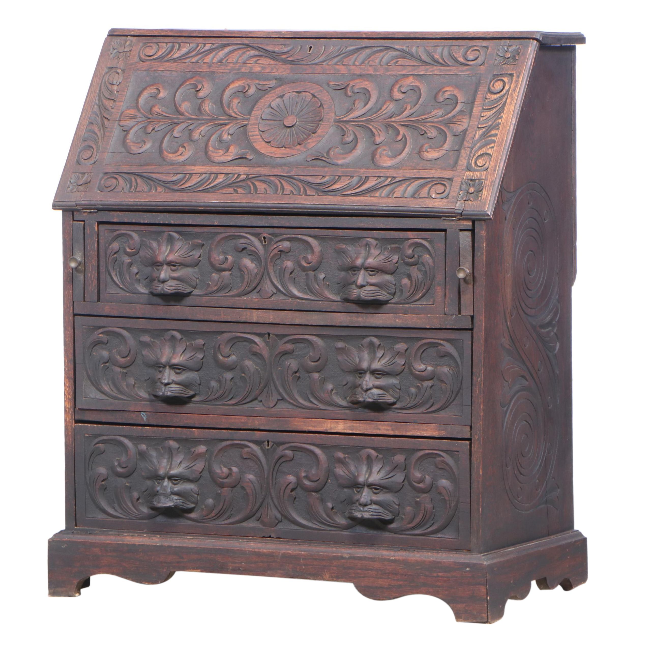 Victorian Renaissance Style Carved Oak Slant-Front Desk, Late 19th Century