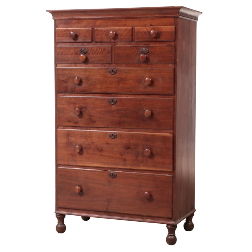 American Primitive Tall Chest in Walnut, Poplar and Yellow Pine, Early 19th C.