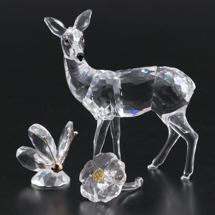 Swarovski "Doe," "Butterfly," and SCS "Wild Flower" Crystal Figurines