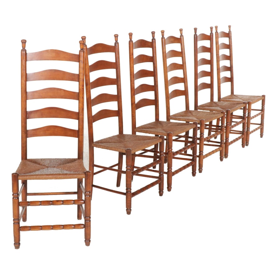 Six French Provincial Style Ladderback and Paper Rush Seat Dining Chairs