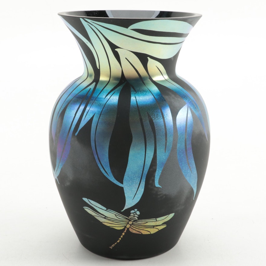 Fenton Ebony Faverne Art Glass Dragonflies Vase Signed by Kelsey Murphy, 2006