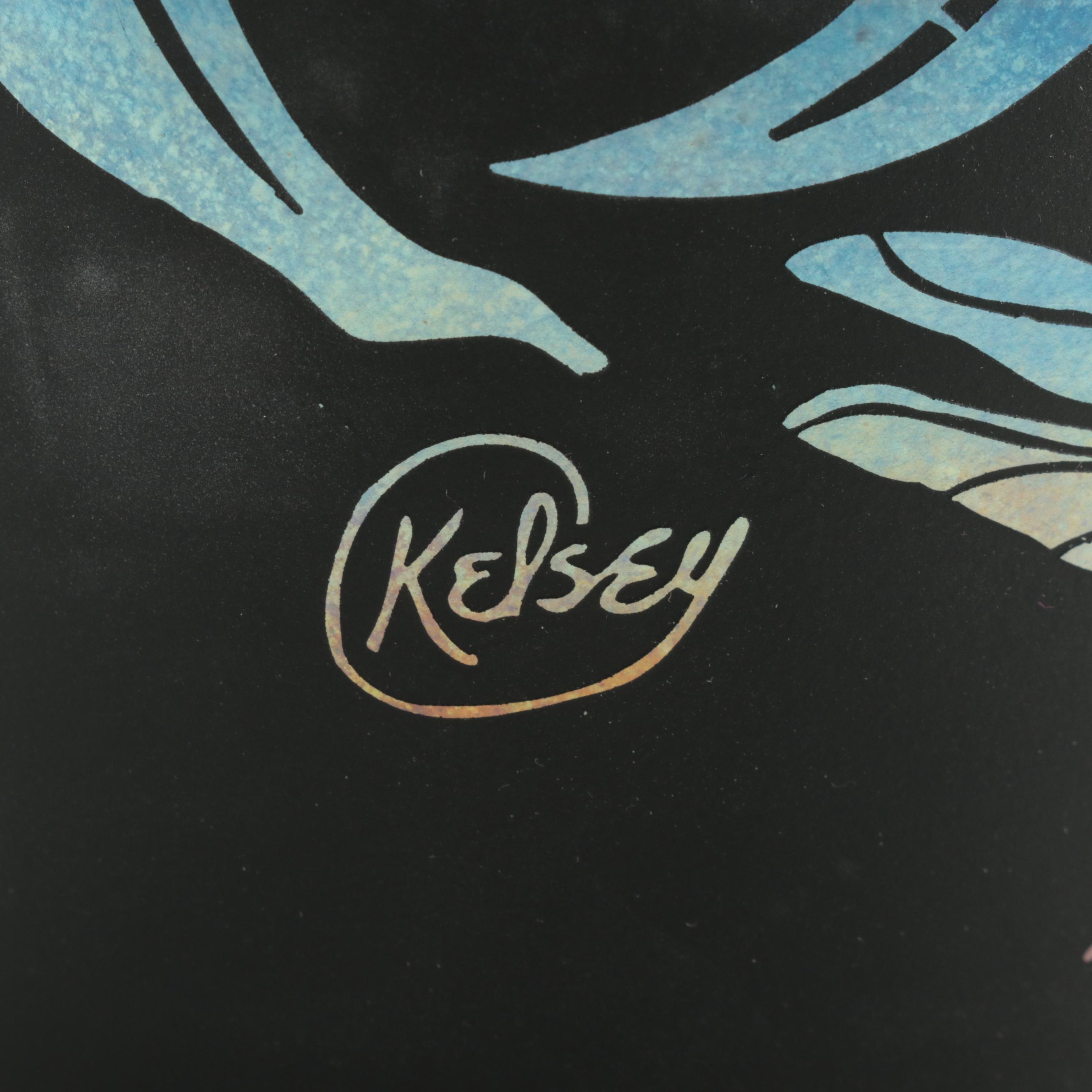 Fenton Ebony Faverne Art Glass Dragonflies Vase Signed by Kelsey Murphy, 2006