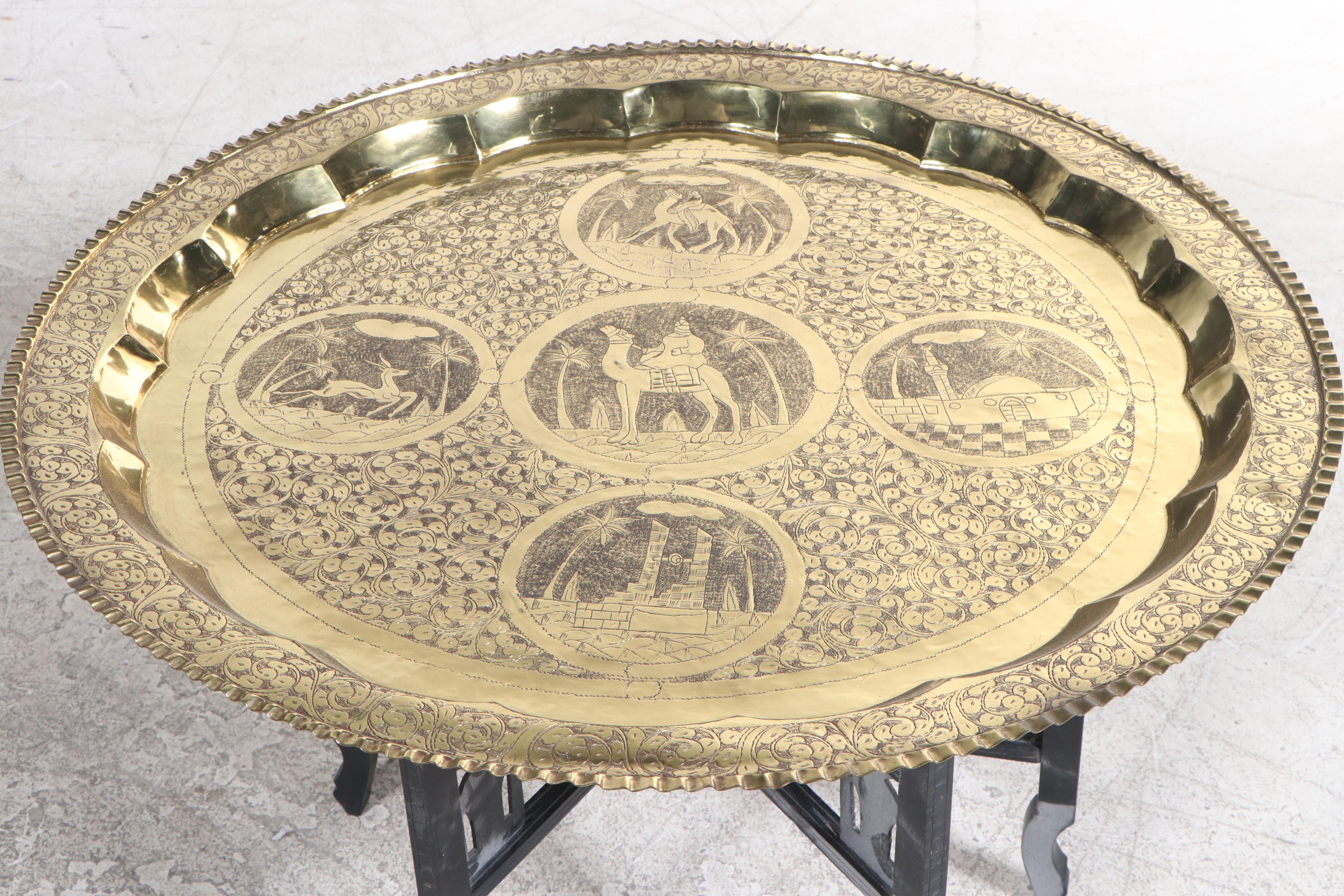 Middle Eastern Engraved Brass Tray/Coffee Table