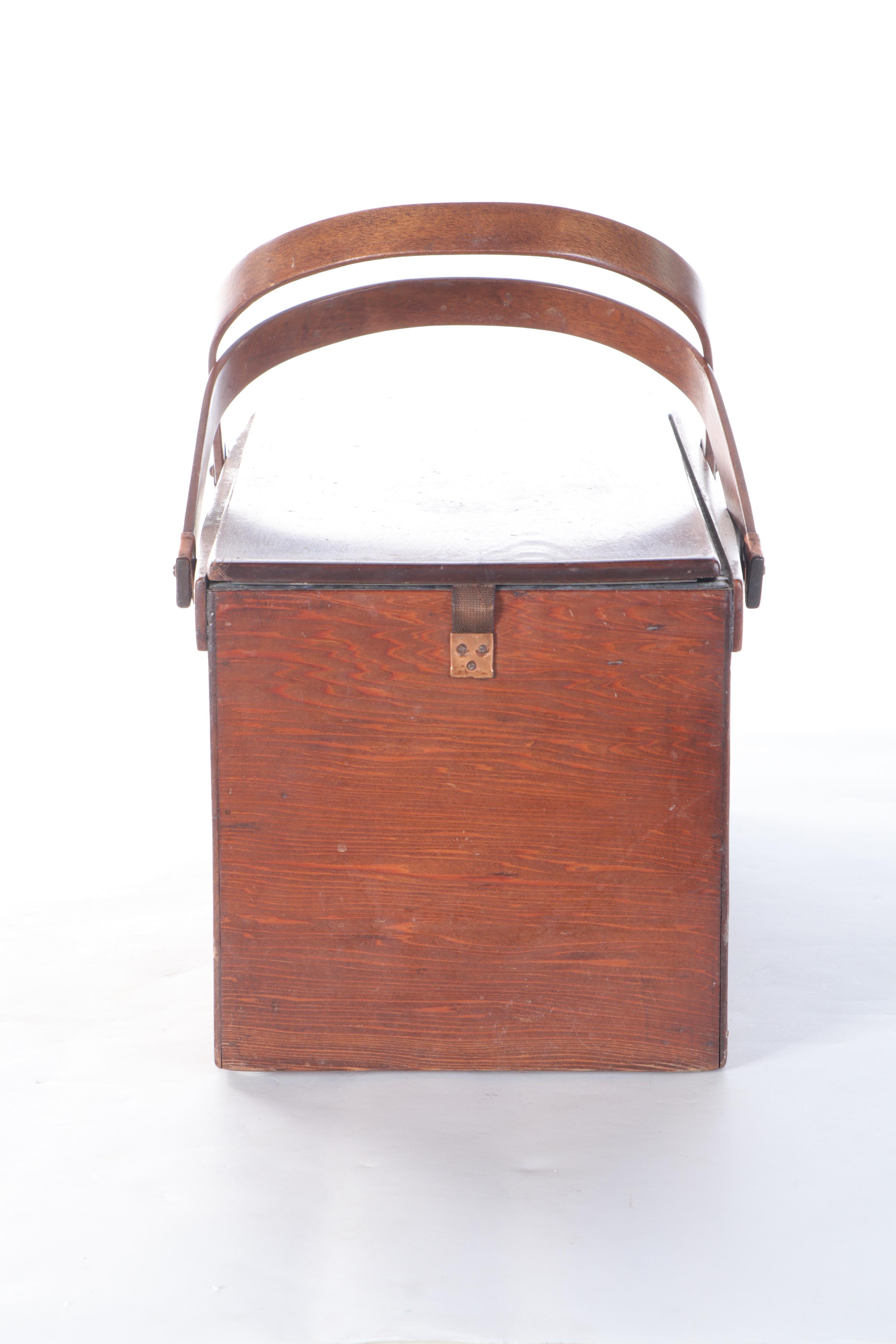 Galvanized Metal Lined Wood and Leather Portable Ice Box, Early/Mid-20th C