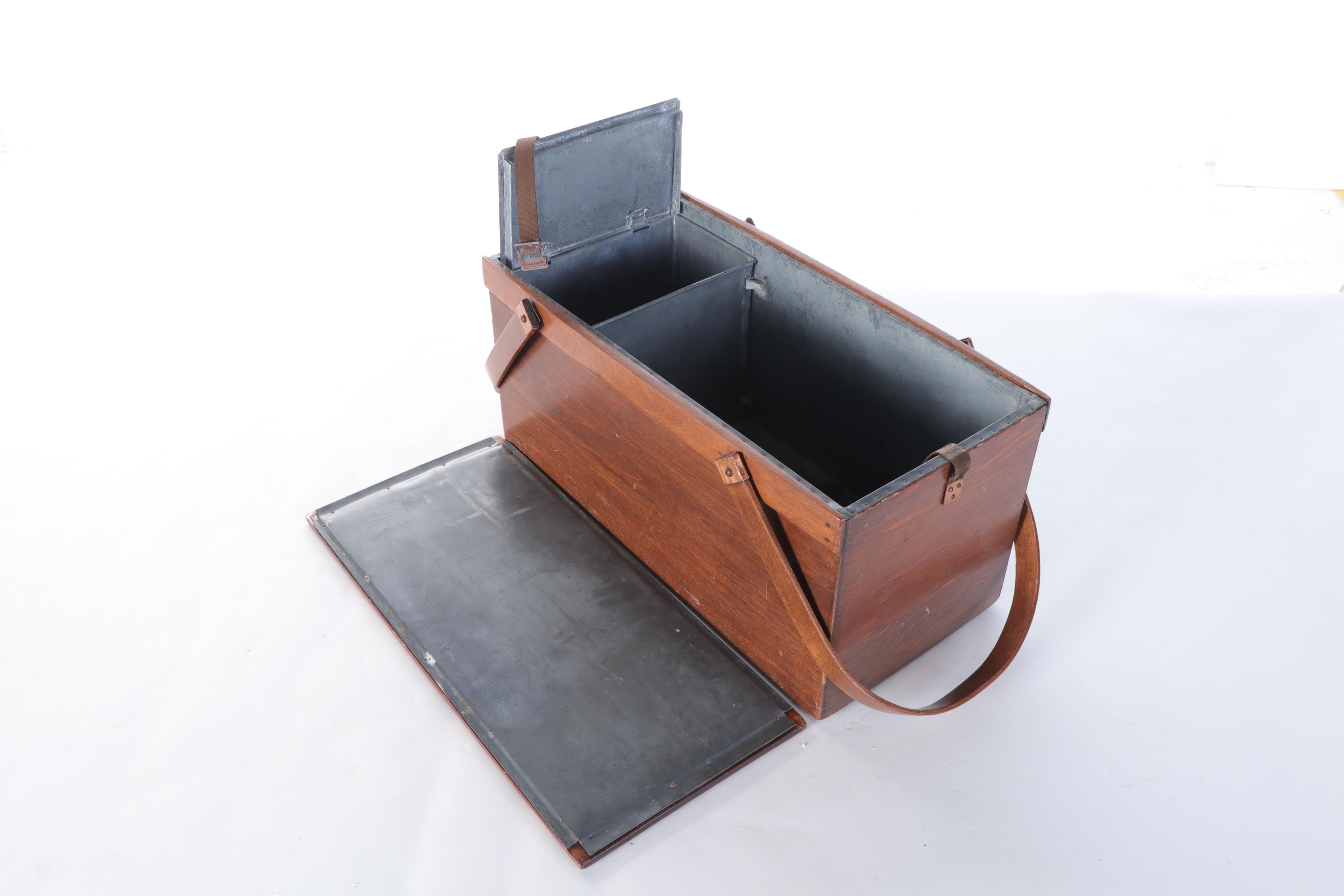 Galvanized Metal Lined Wood and Leather Portable Ice Box, Early/Mid-20th C