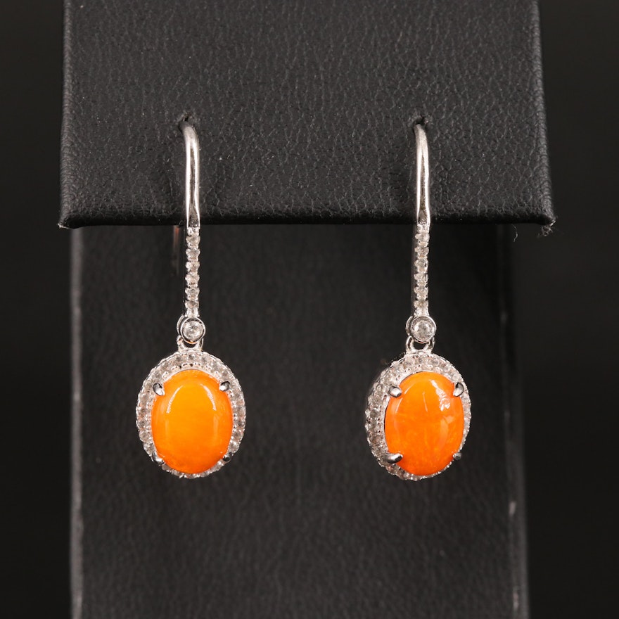 Sterling Fire Opal Cabochon Earrings with Topaz Halos