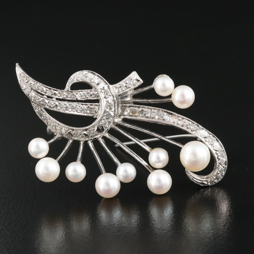 14K Pearl and Diamond Spray Brooch