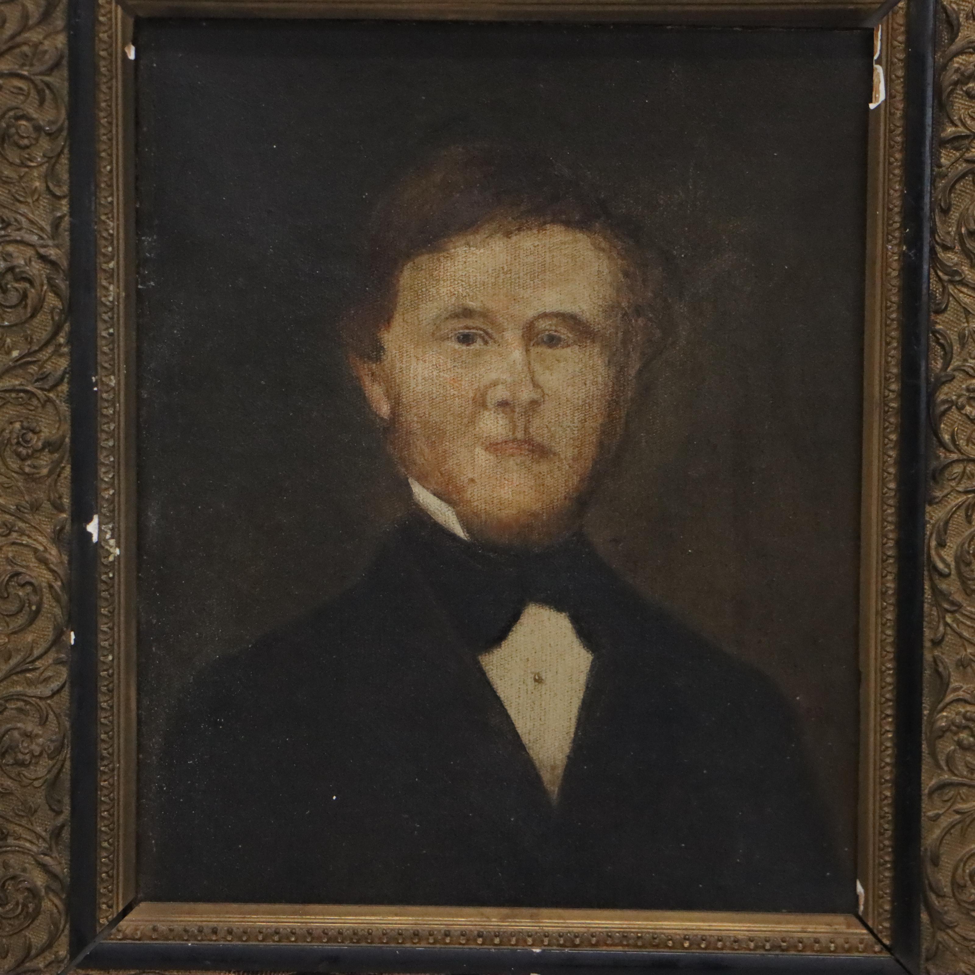 Pair of American School Folk Art Portrait Oil Paintings, 19th Century