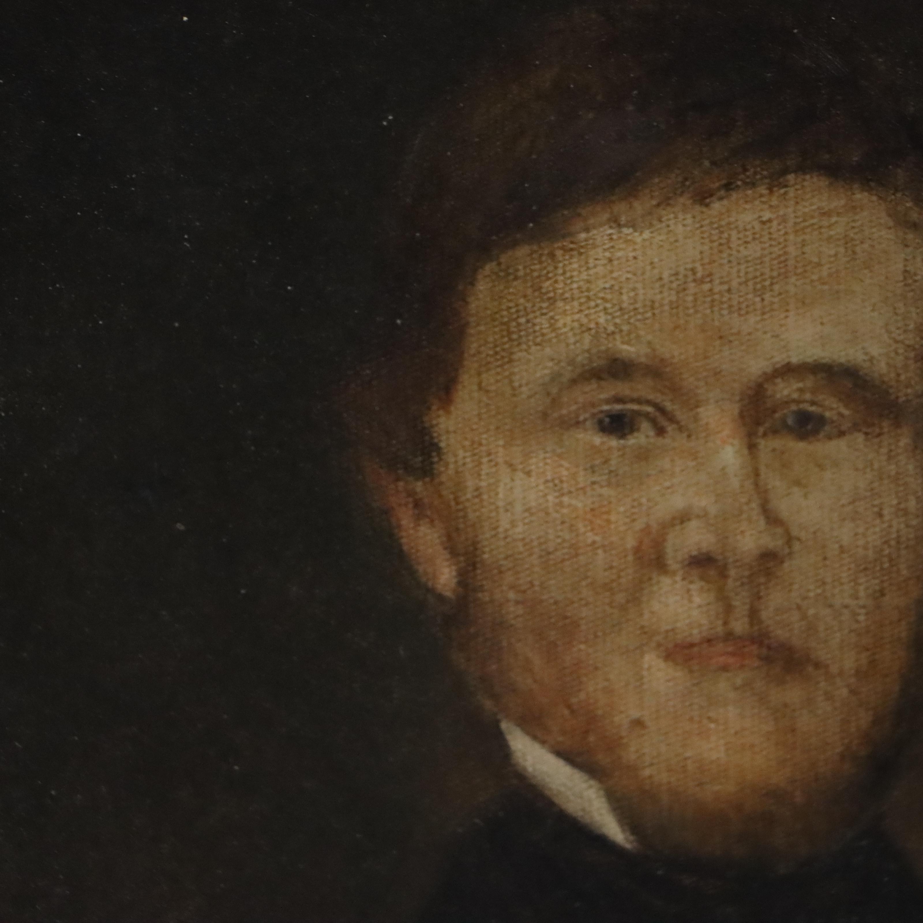 Pair of American School Folk Art Portrait Oil Paintings, 19th Century