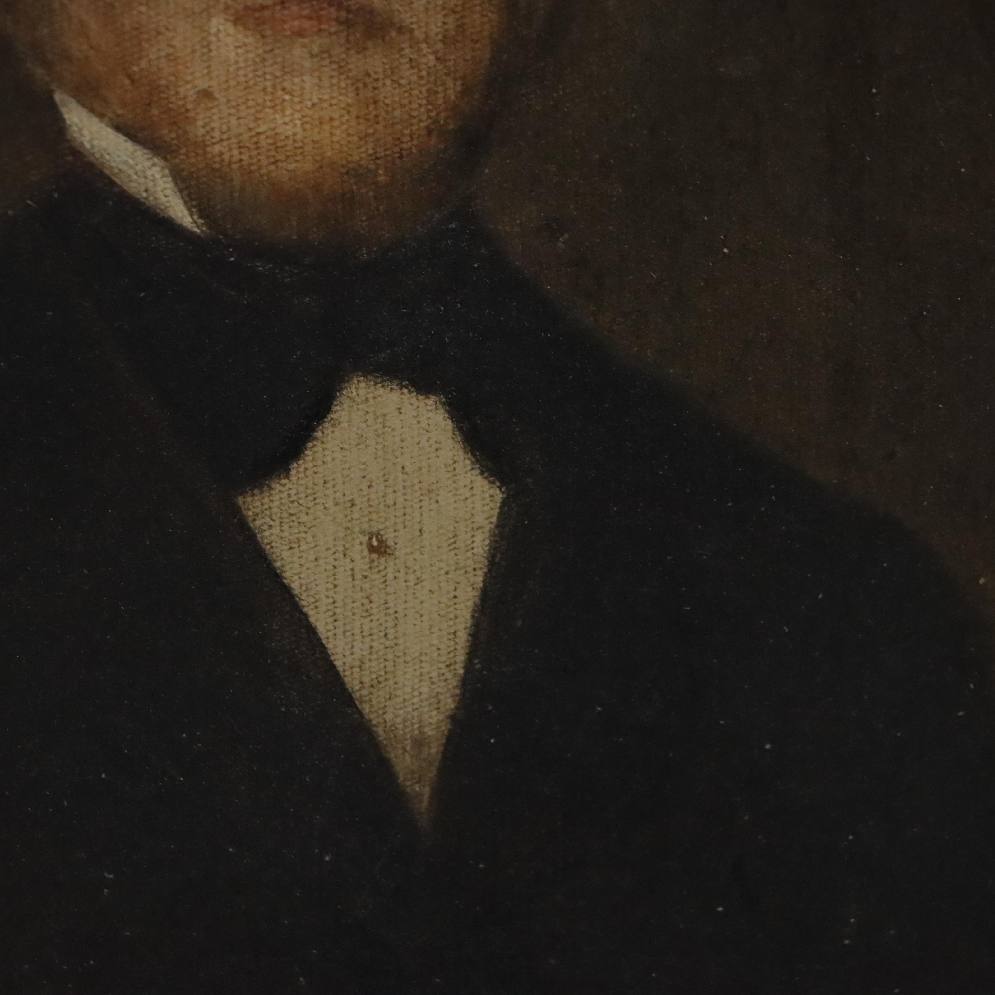 Pair of American School Folk Art Portrait Oil Paintings, 19th Century