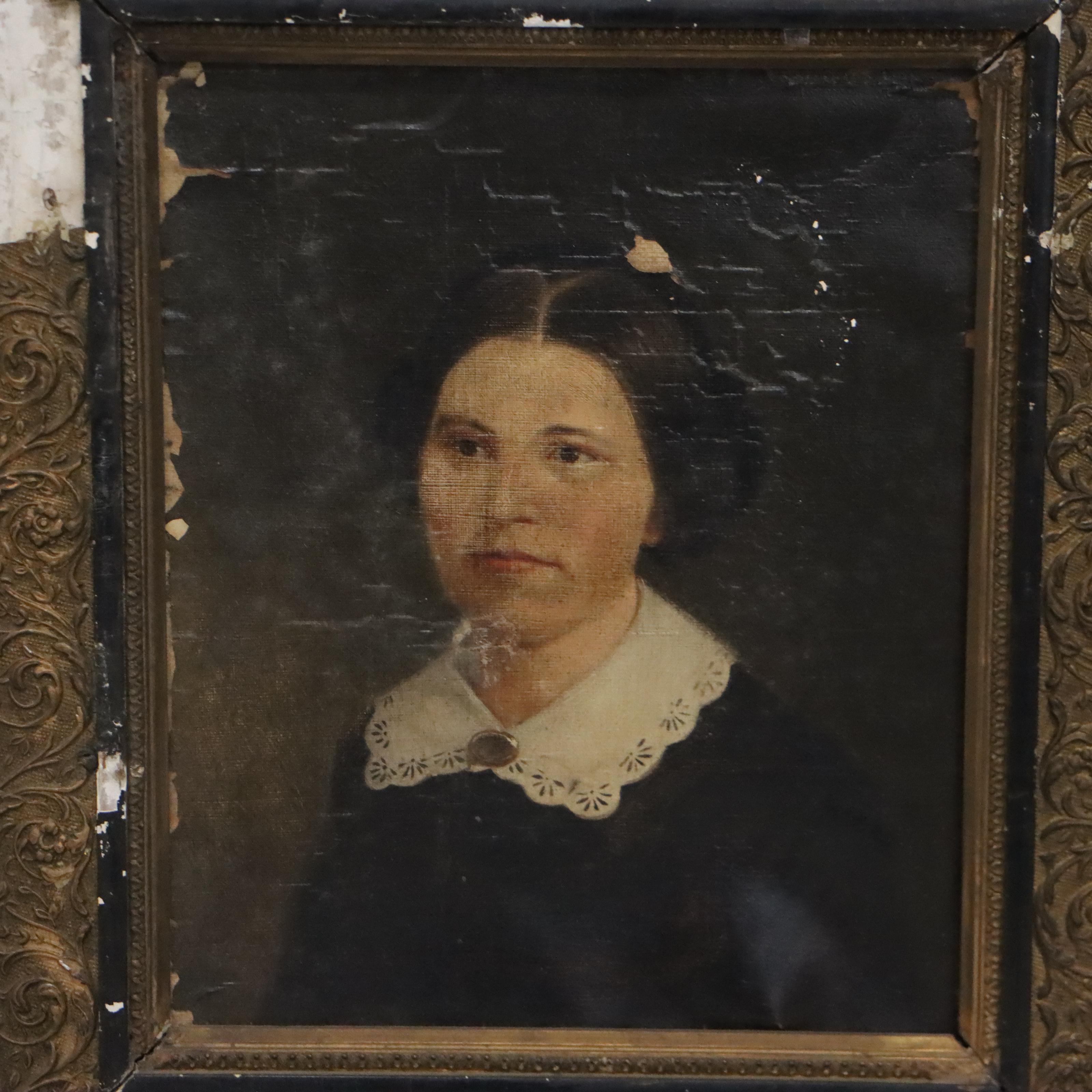 Pair of American School Folk Art Portrait Oil Paintings, 19th Century