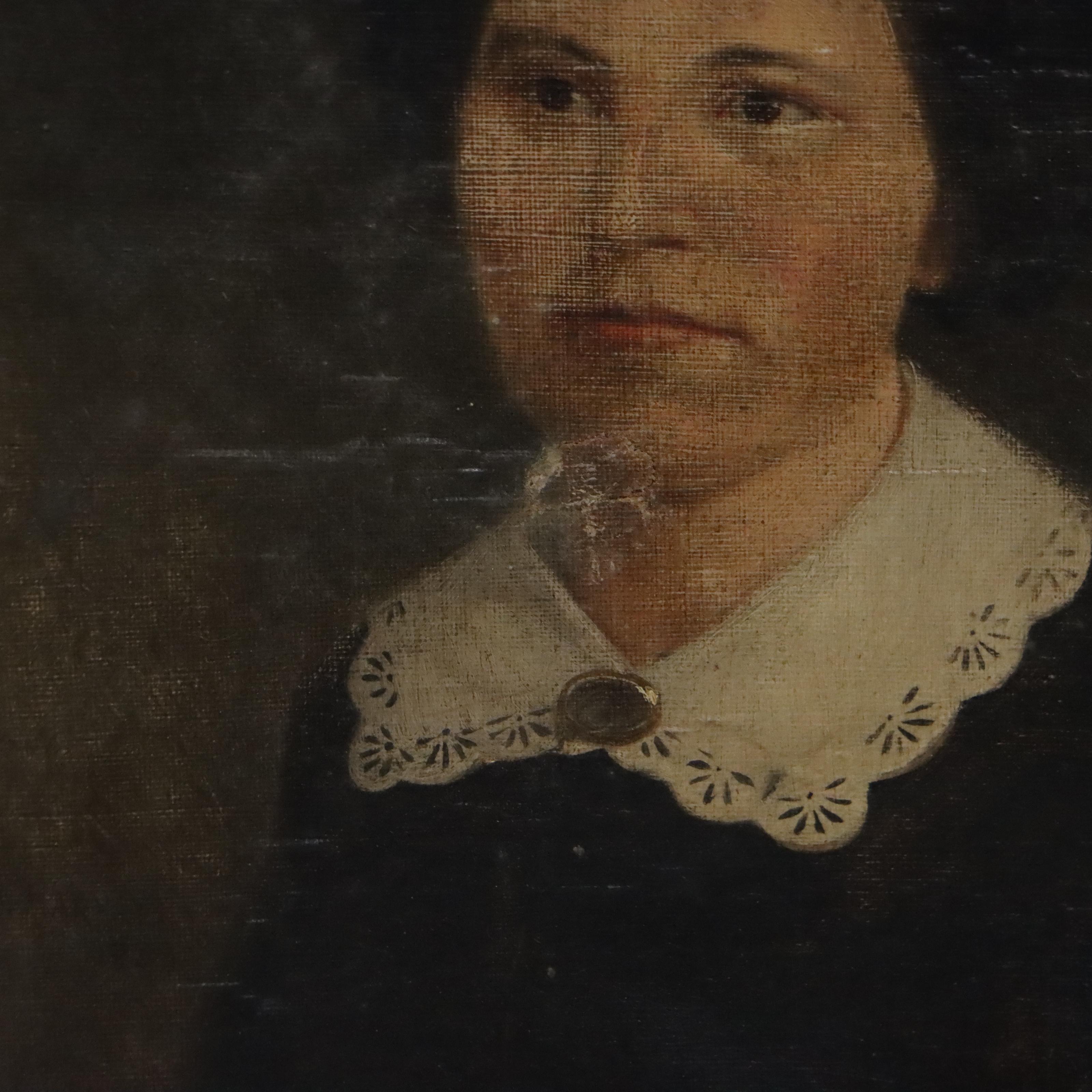 Pair of American School Folk Art Portrait Oil Paintings, 19th Century