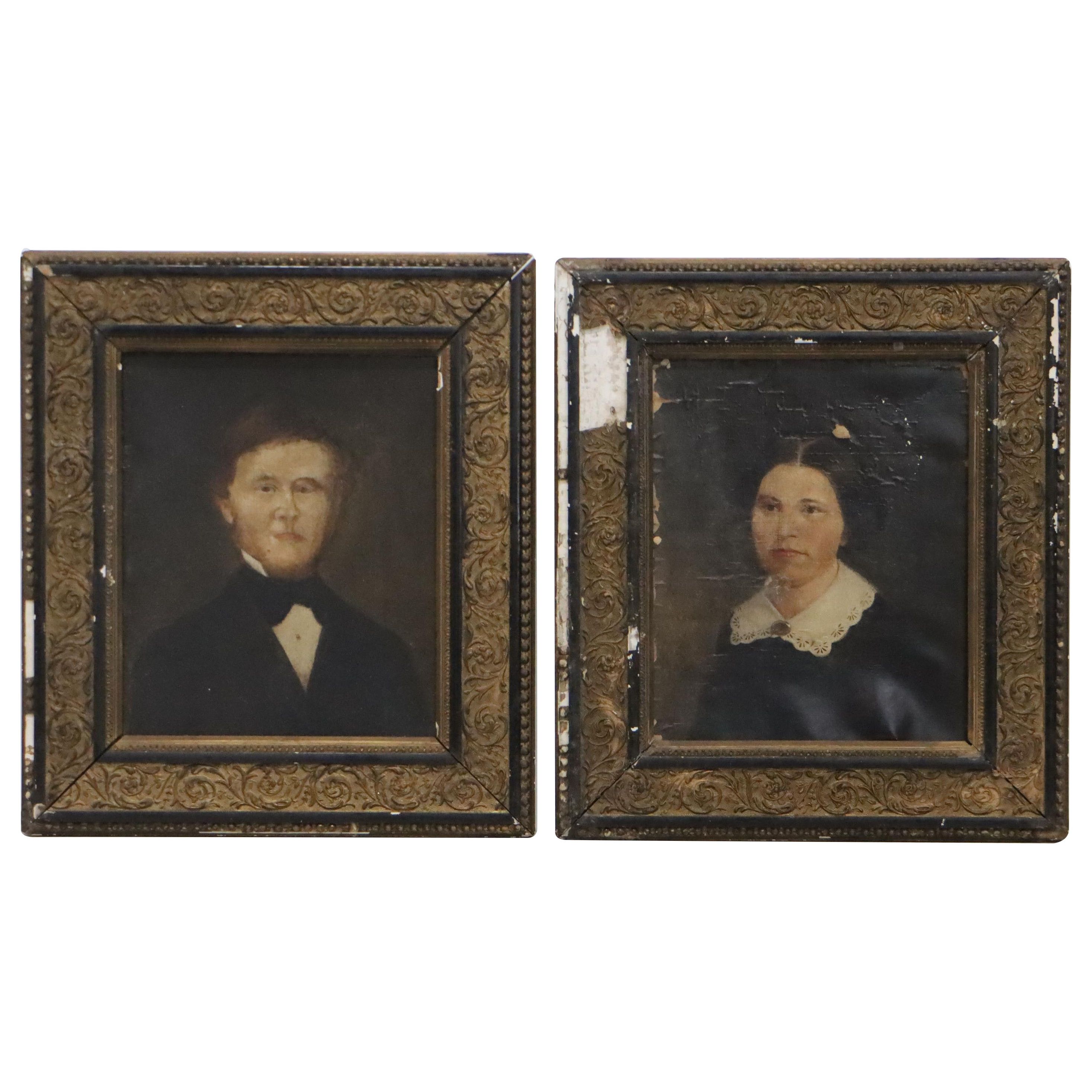 Pair of American School Folk Art Portrait Oil Paintings, 19th Century