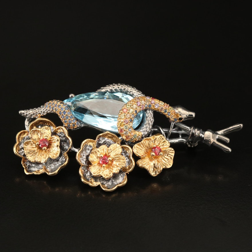 Sterling Swiss Blue Topaz and Sapphire Flower and Serpent Brooch