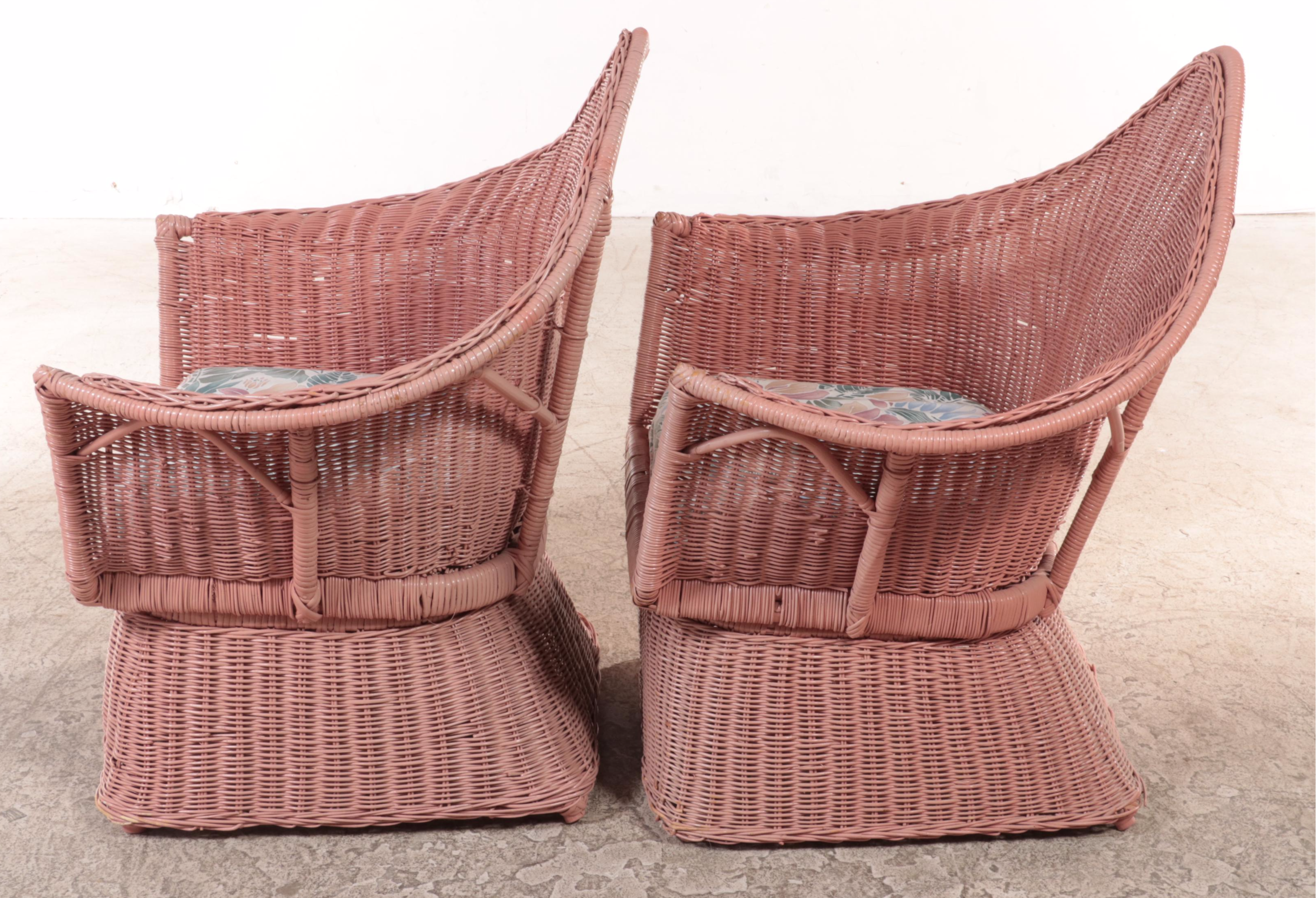Pair of Painted Wicker and Rattan Patio Lounge Chairs, Late 20th Century