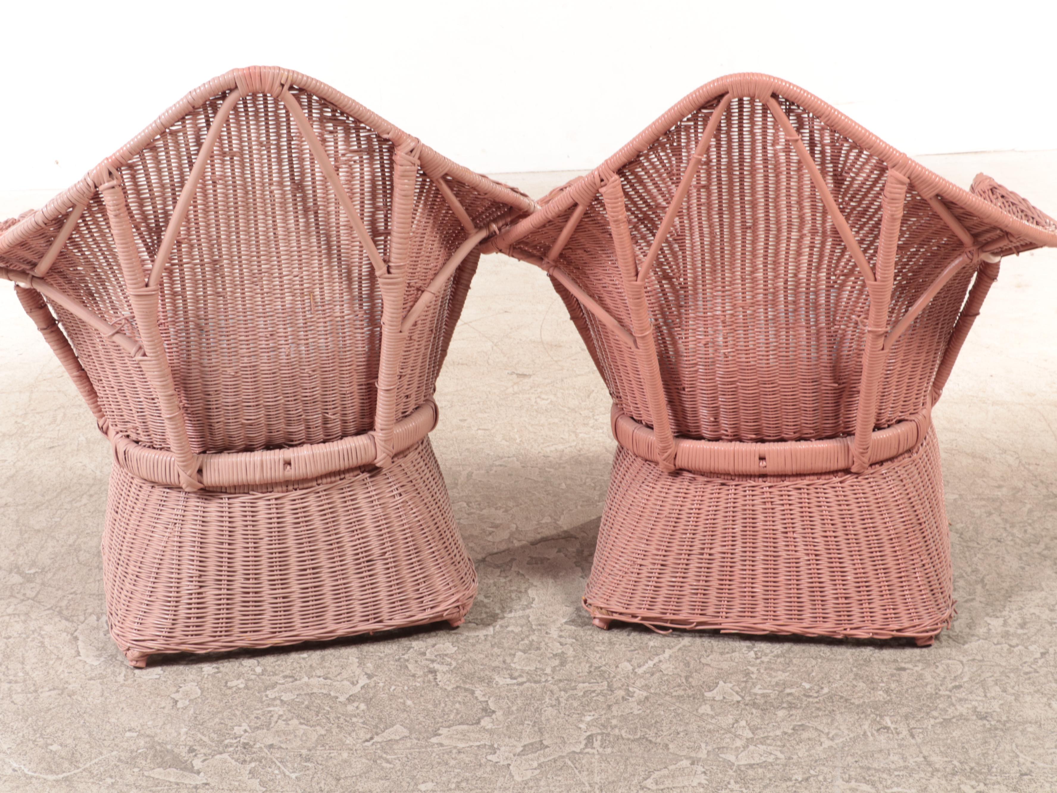 Pair of Painted Wicker and Rattan Patio Lounge Chairs, Late 20th Century