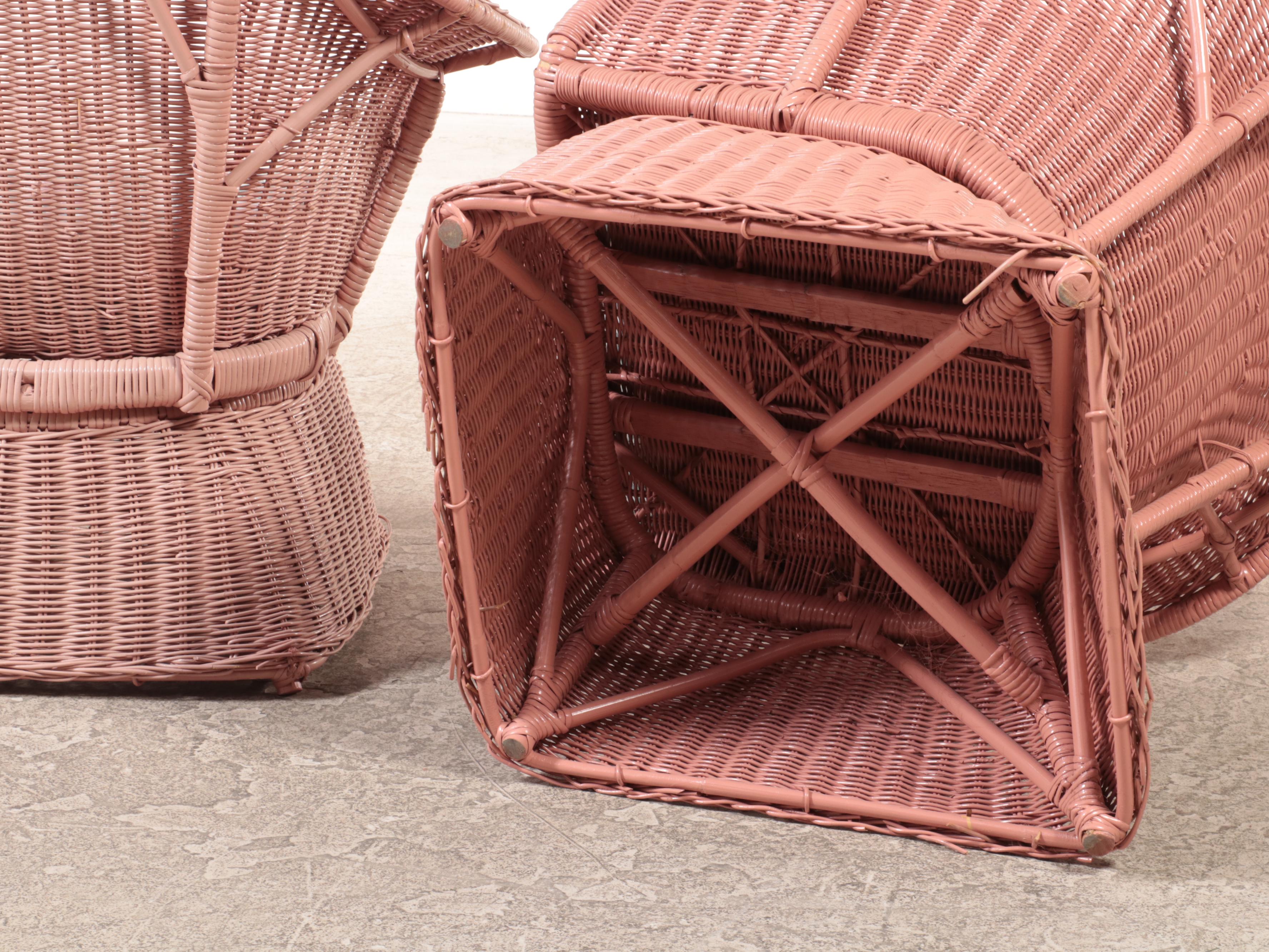 Pair of Painted Wicker and Rattan Patio Lounge Chairs, Late 20th Century