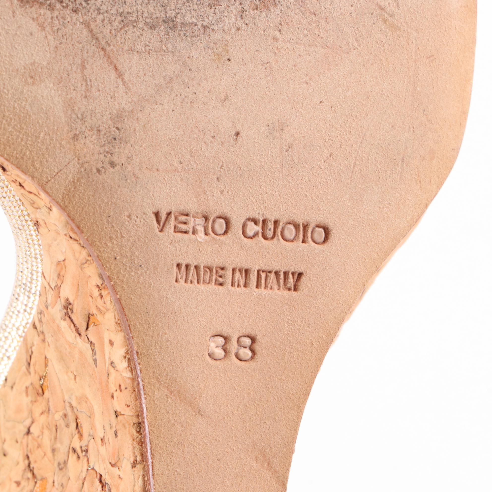 Dolce & Gabbana Cork Wedge Sandals in Metallic Fabric with Rhinestone Buckle