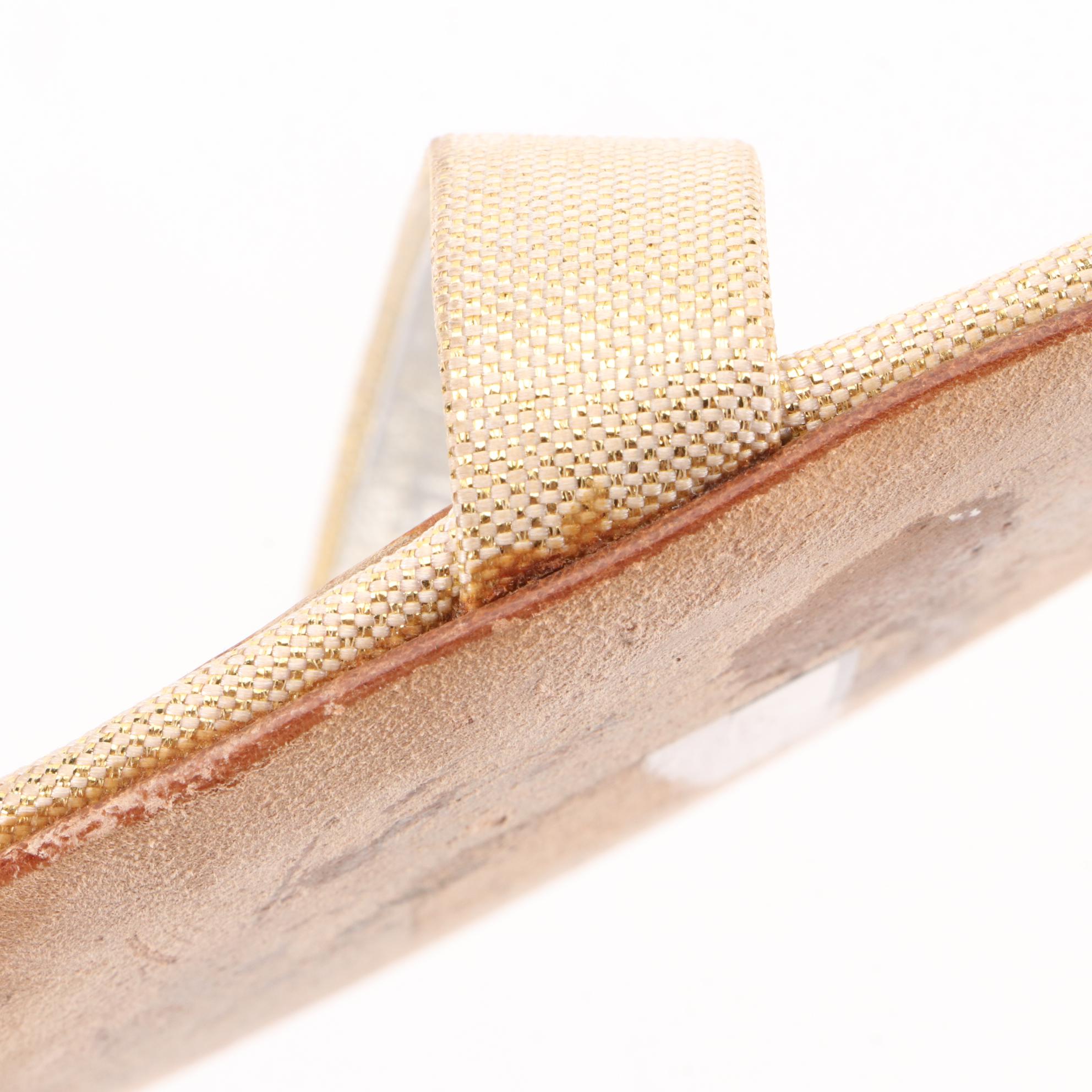 Dolce & Gabbana Cork Wedge Sandals in Metallic Fabric with Rhinestone Buckle