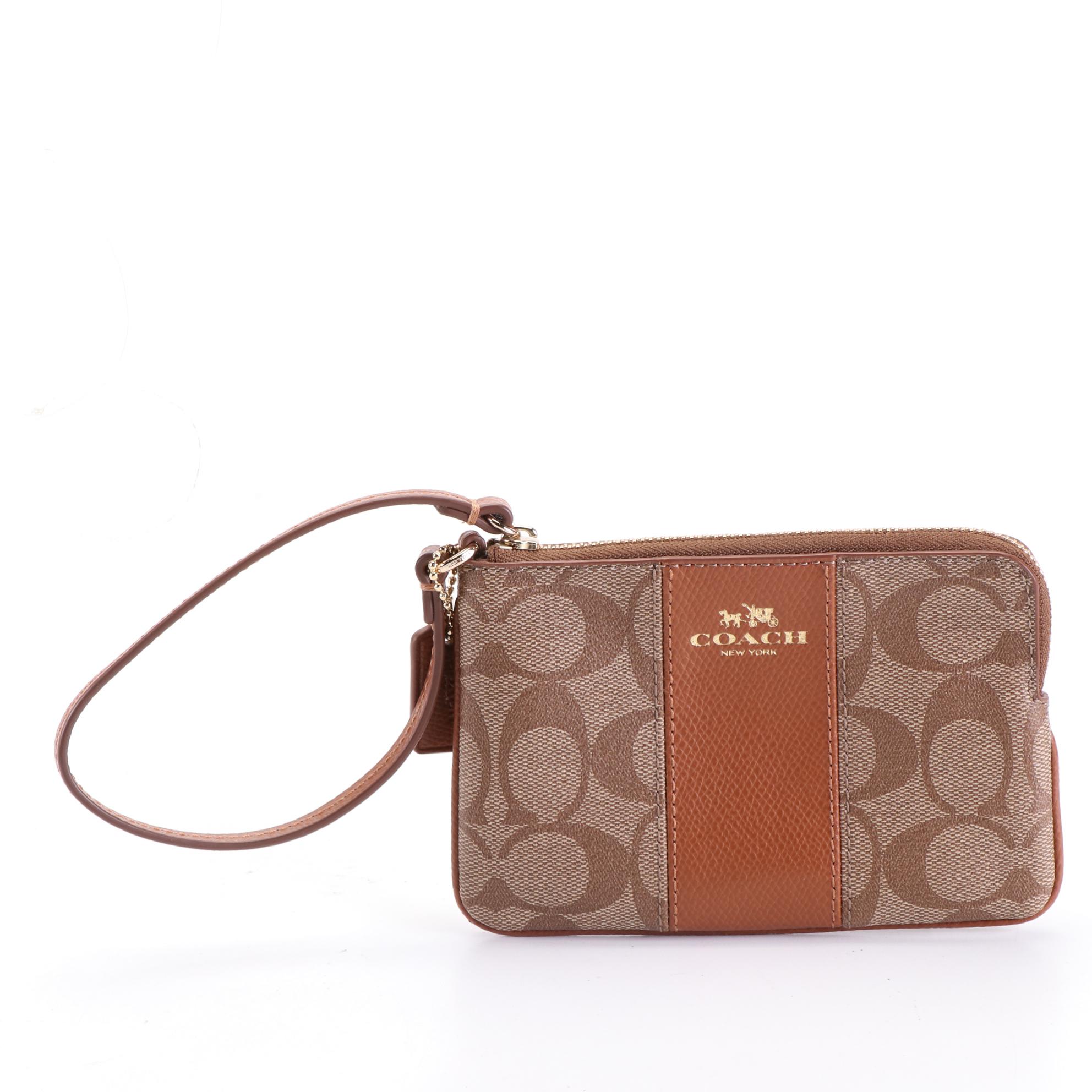 Coach Domed Handbag in Black Crossgrain Leather and Wristlet in Signature Canvas