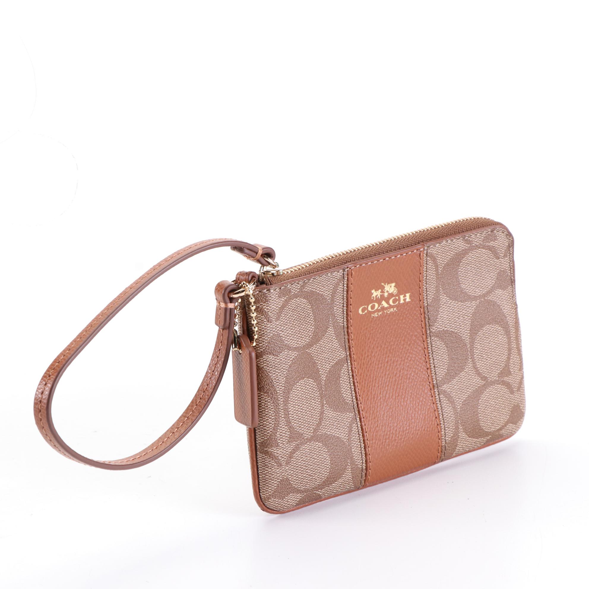 Coach Domed Handbag in Black Crossgrain Leather and Wristlet in Signature Canvas